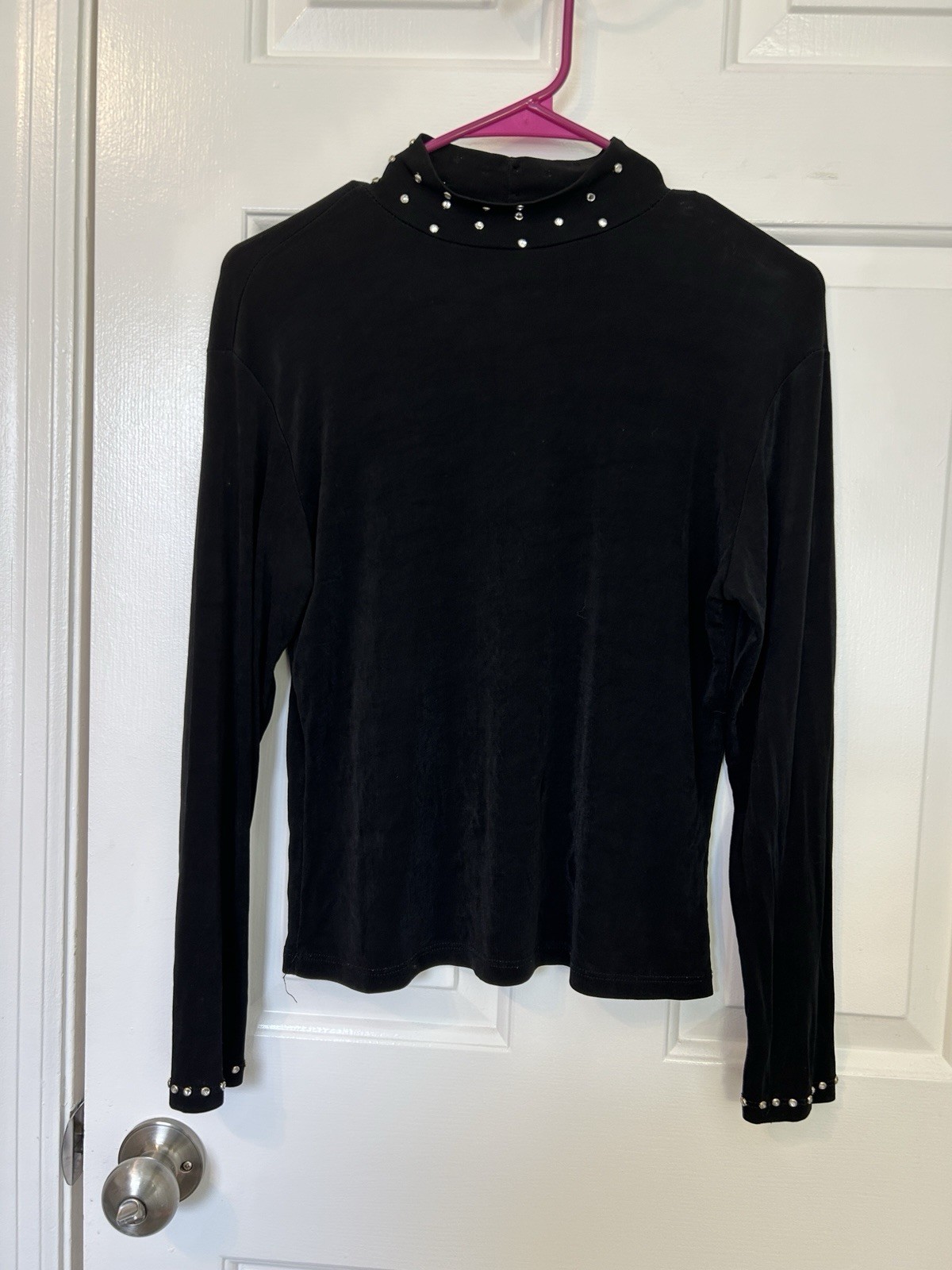 Vintage 90s Rhinestone Mock Neck Top Polyester Spandex Sz Sm Long Sleeve Black