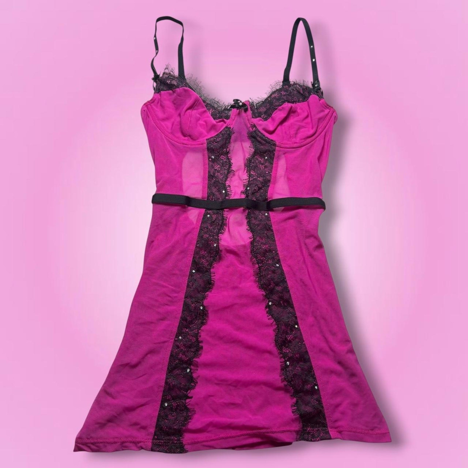 Y2K Frederick’s of Hollywood Pink & Black Mesh Lace Babydoll Chemise
