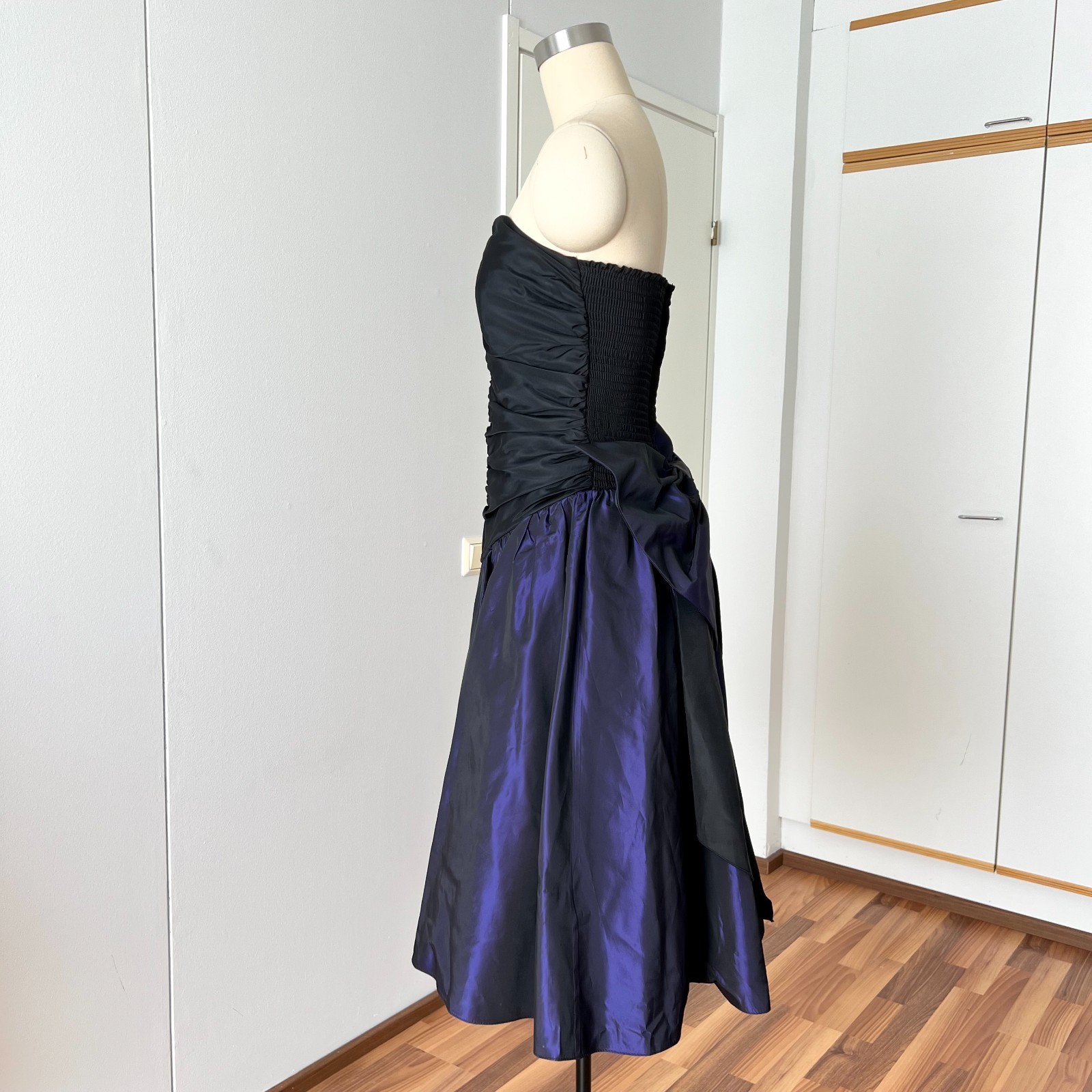 1980s Taffeta Prom Party Dress Bow Back Ruched Cocktail Strapless Gown EU 36