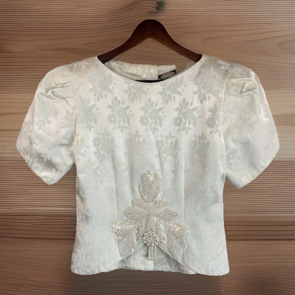 Vintage 80s Formal Top S/M Beaded Damask Ivory Strong Shoulders Fitted Glamour