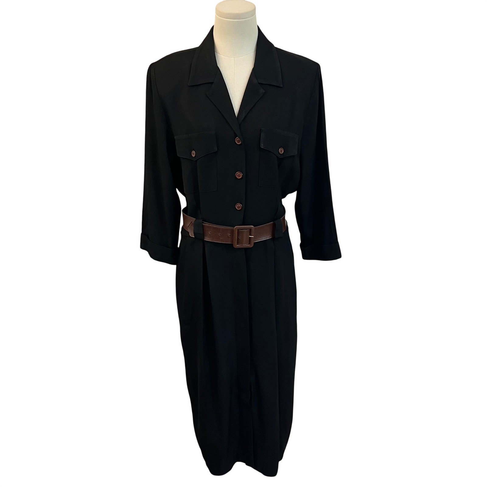 Vintage Studio I Black Crepe Midi Shirt Dress Utility Belted Pockets Petite S M