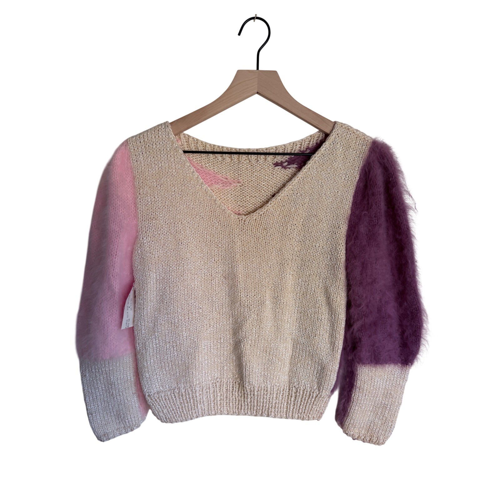 Vintage Angora Blend Colorblock Sweater Pink Plum Cream V-Neck Sawtooth Pattern