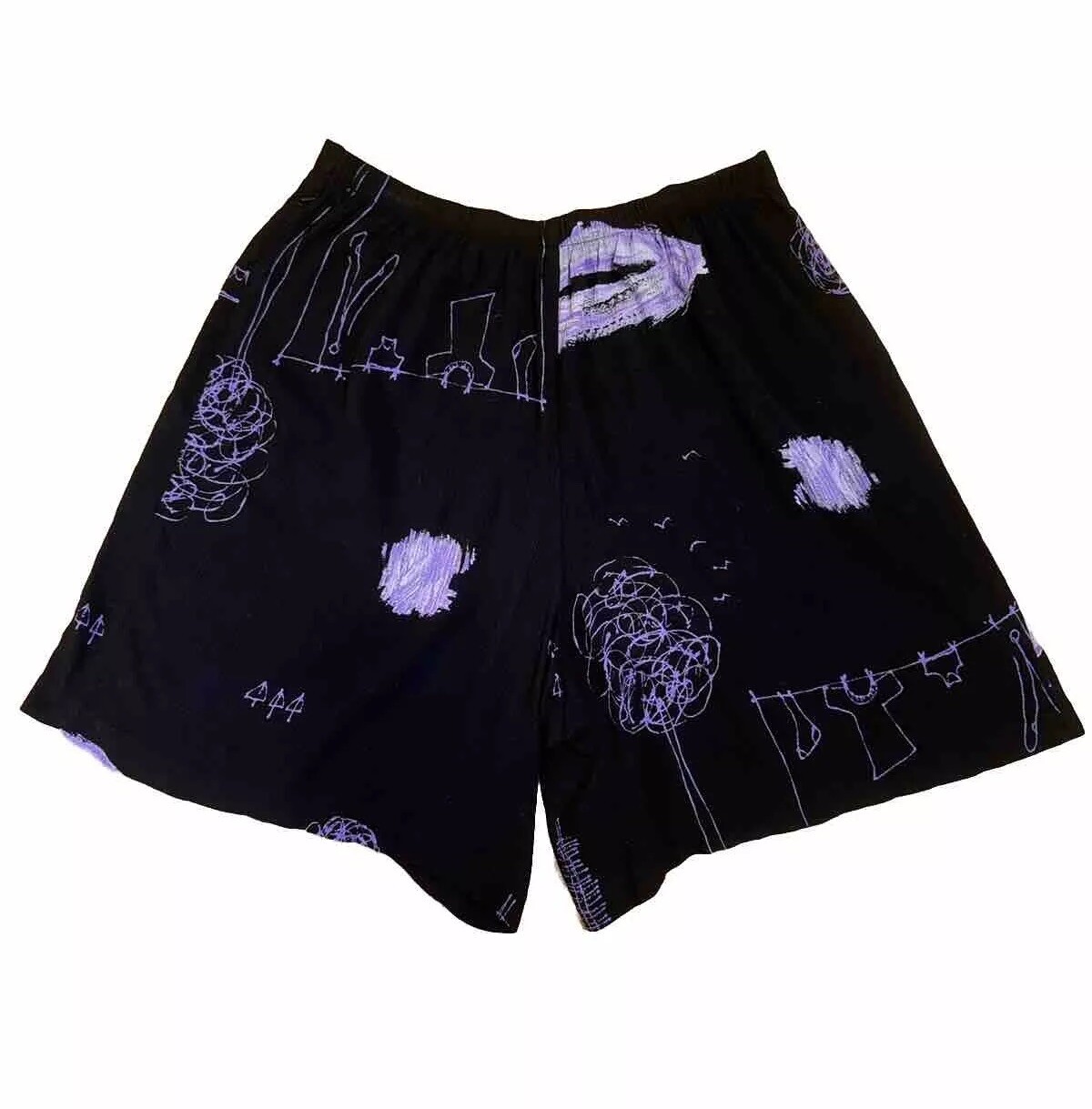 Sharon Anthoney Vintage Rayon Shorts 80s Line Work Design- Elastic- Art Print