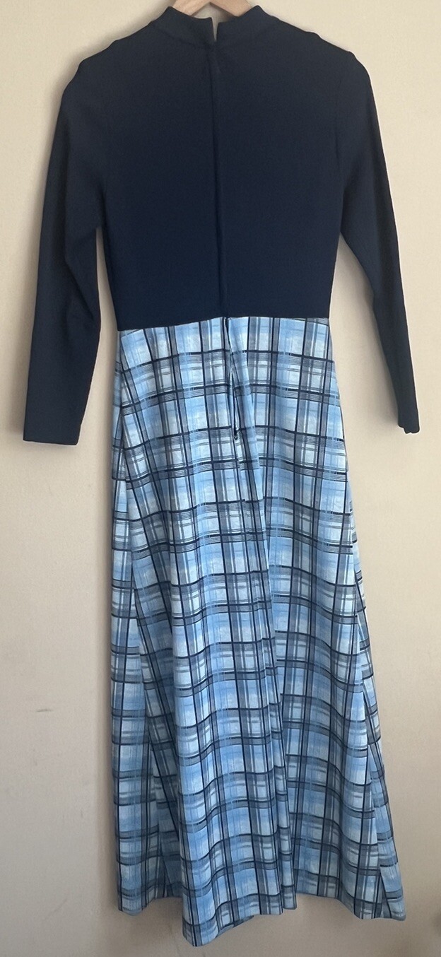 Vintage Maxi Dress Mod Plaid Poly Knit High Collar 8 10 Medium 60s 70s