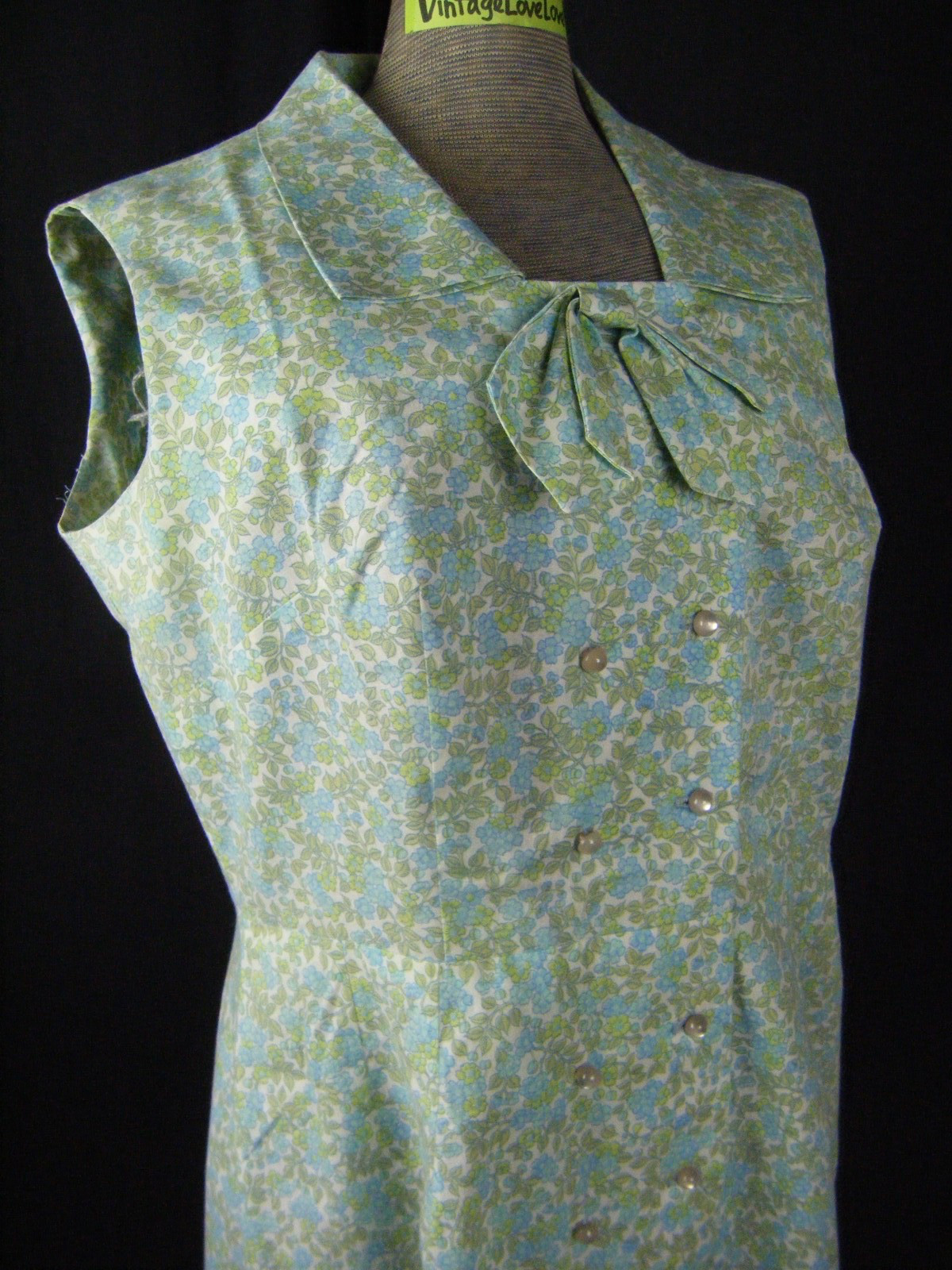 PAT PERKINS Vtg 50s Blue Green Floral Bow Sleeveless Summer Dress-Bust 41/S-M
