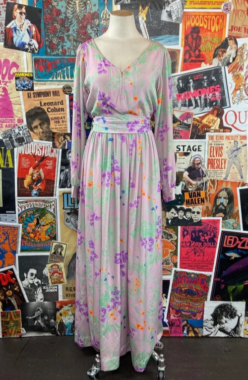 Vtg 70s Purple Floral V-Neck Long Sleeve Jeannene Booher Maxi Dress Hostess XS/S