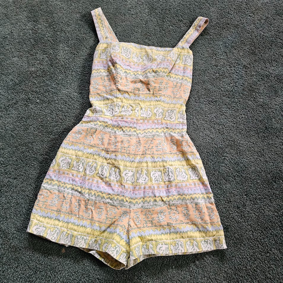 Vtg 50s Pinup Romper Playsuit Pastel Stripe Bombshell Swimsuit Bathing Suit S