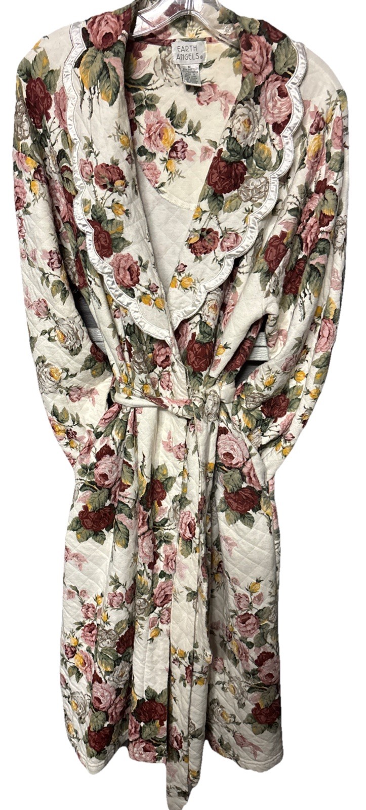 Vintage 80 EARTH ANGELS Floral Robe Roses Print A Scalloped Collar Size M