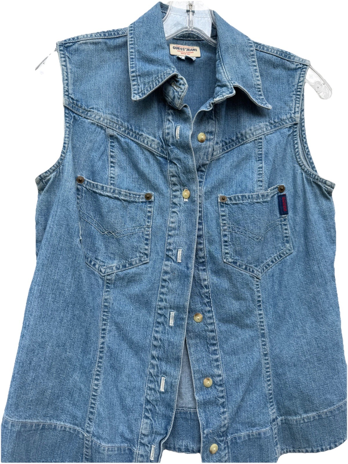 VTG 90’s Guess Jeans Denim Blue SLS Collar BF CTN Blouse SZ Med.