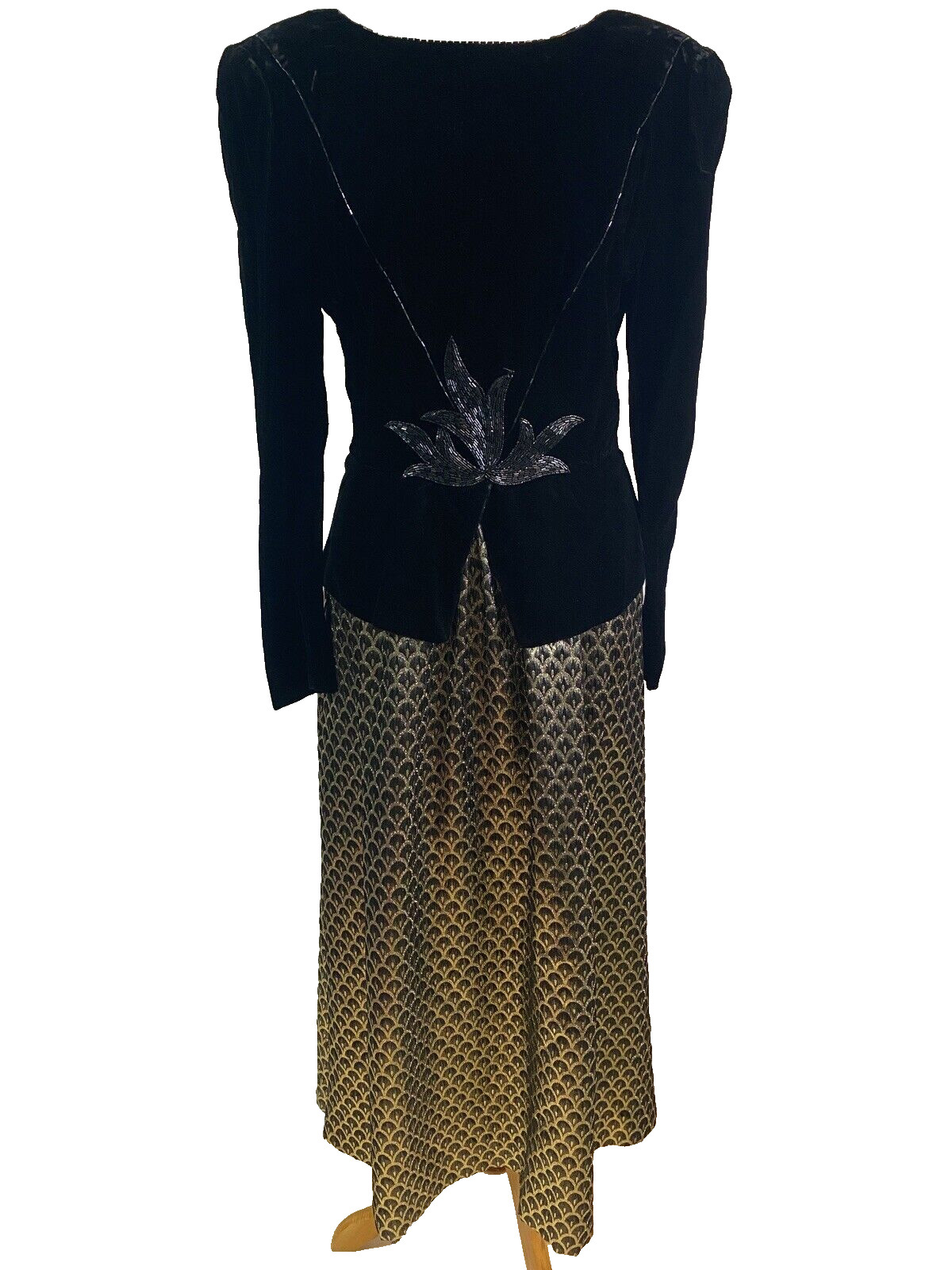 NOS VTG 90s Ricki Lang Nuit Black Velvet Beaded Gold Metallic Art Deco Dress 6/8