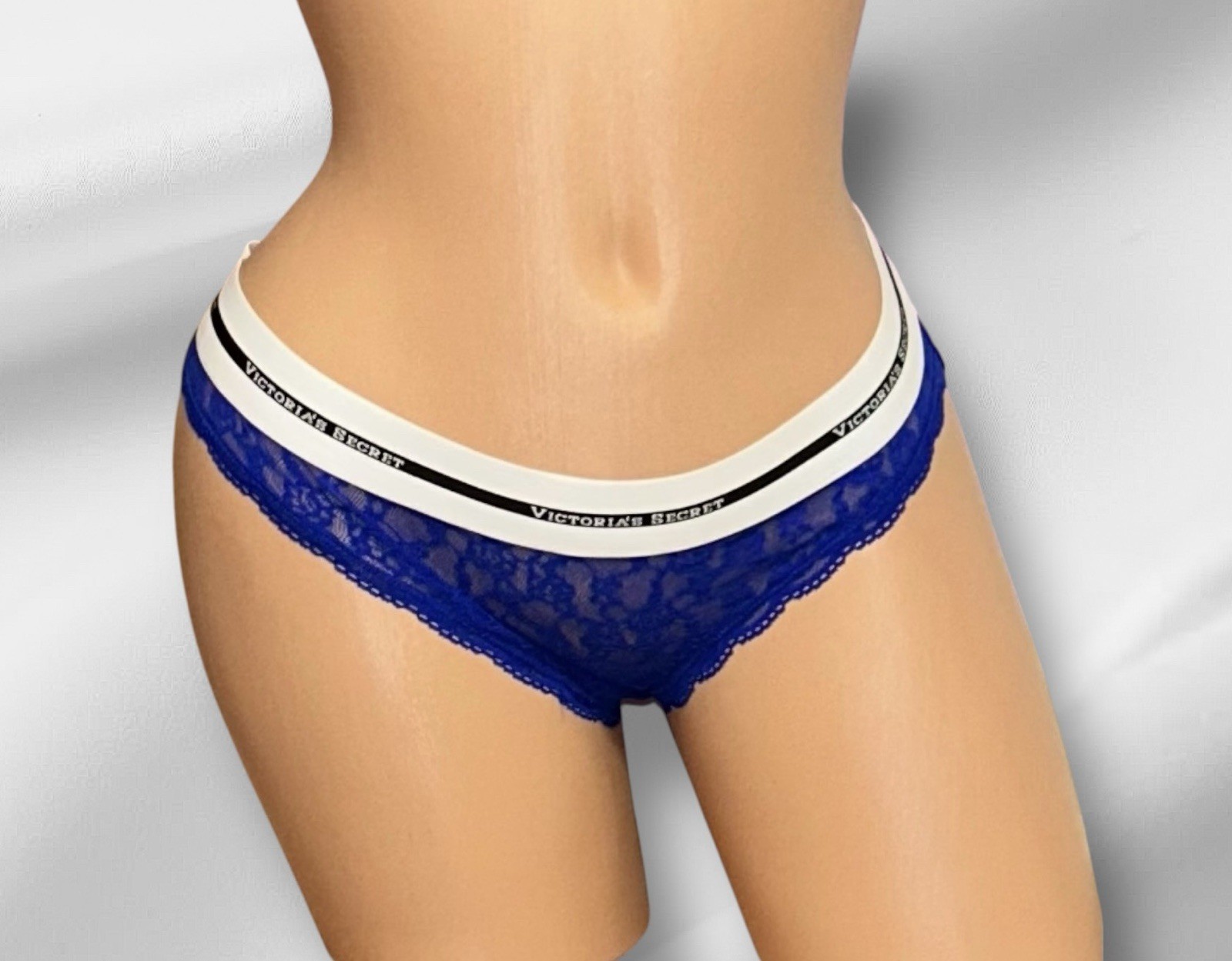 Victoria’s Secret Low Rise Bikini Blue Sheer Lace Logo Band Panties M NWT