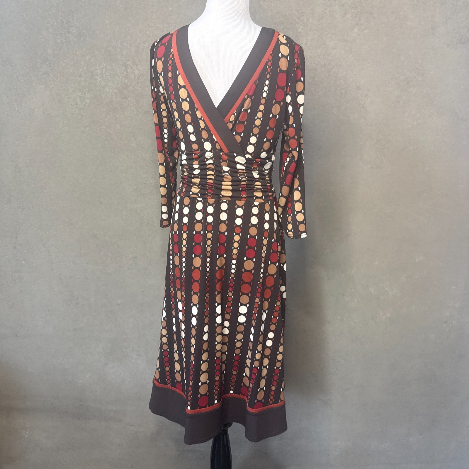 Studio I Petite Brown Dot Print Faux Wrap Dress Long Sleeve Size 12P