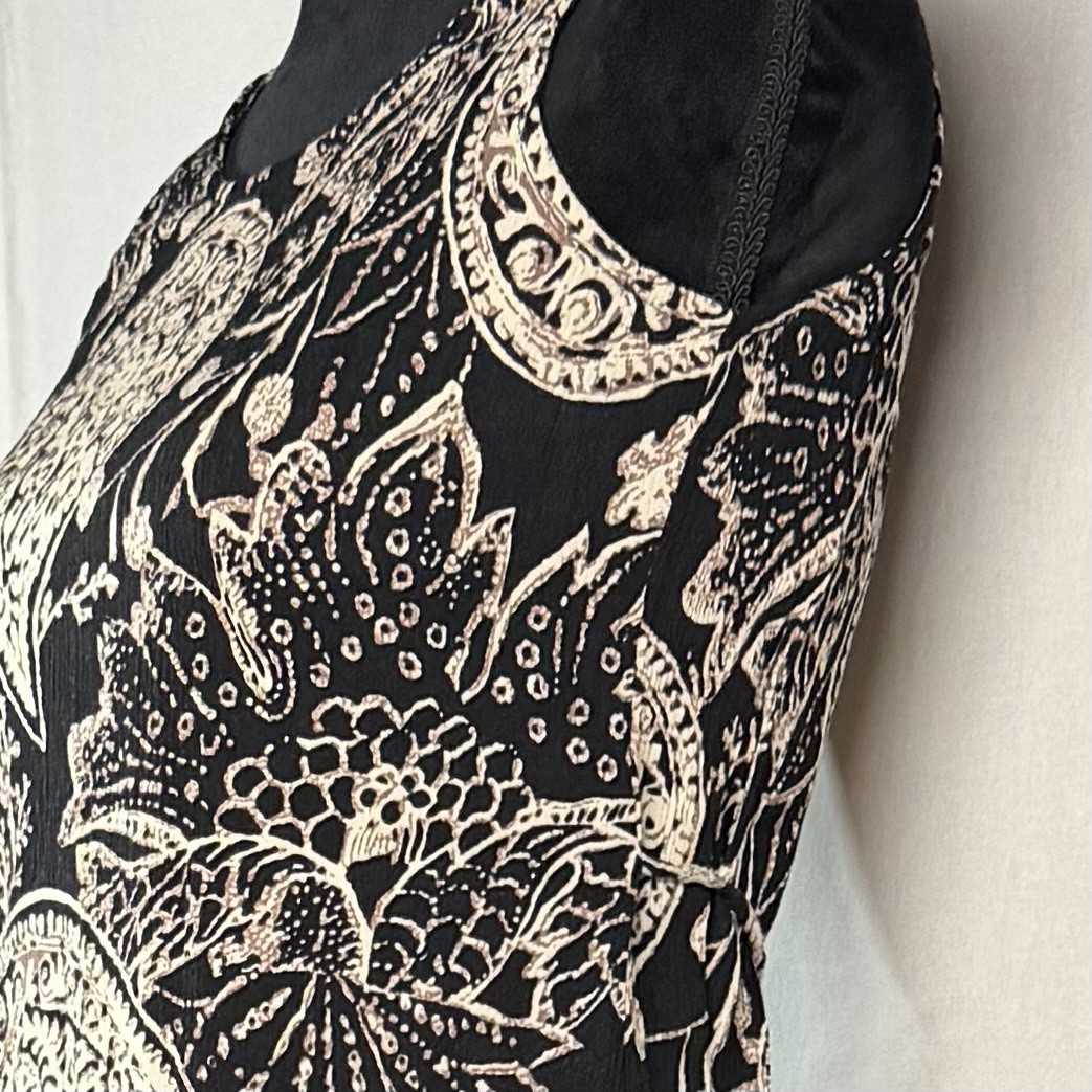 Vintage Boho T & Co 100% Rayon Black Ivory Paisley Sleeveless Midi Dress Sz 4P