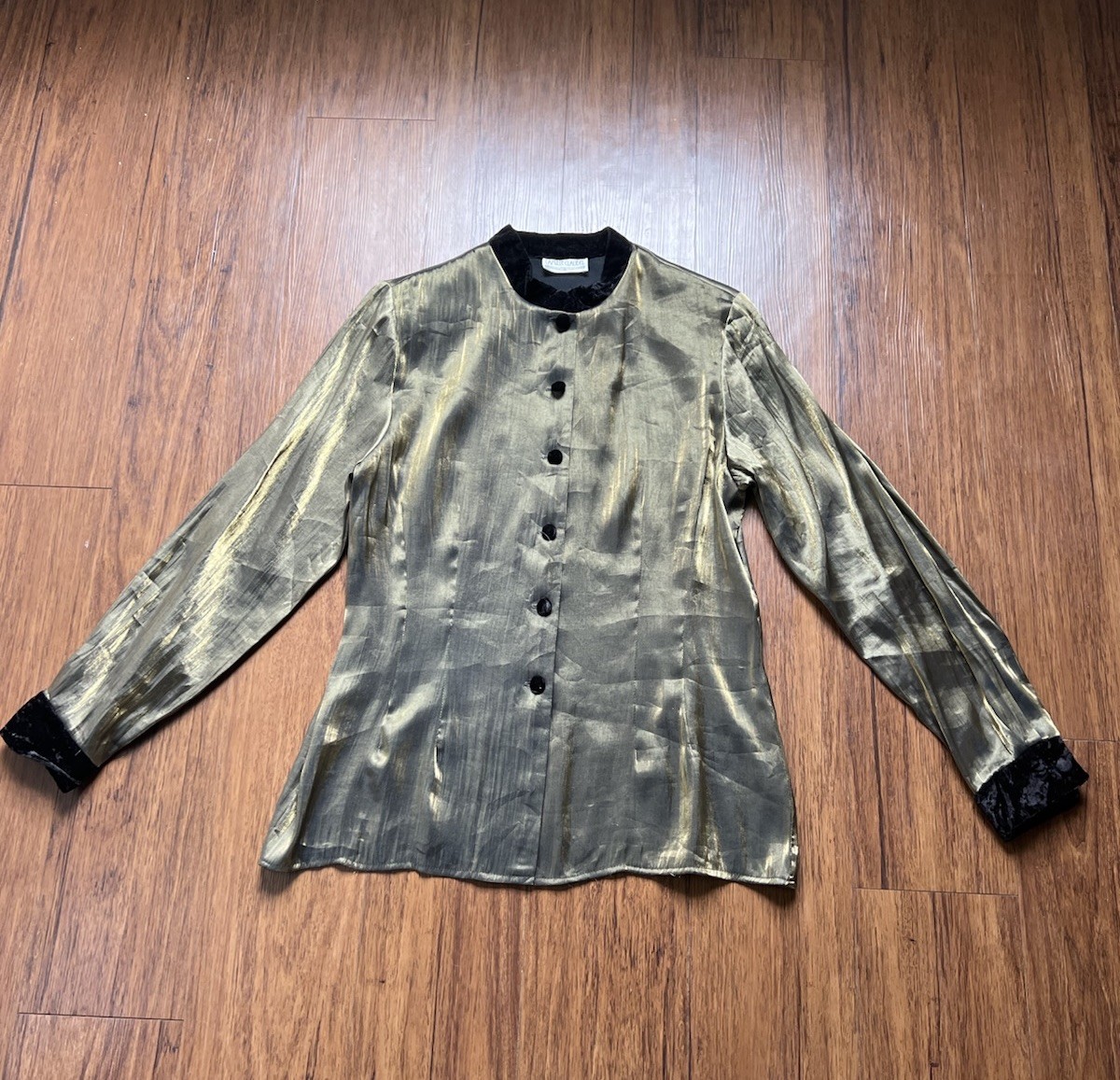 Vintage 90s Evening Blouse Shirt Long Sleeve Metallic Black Gold Mandarin Velvet
