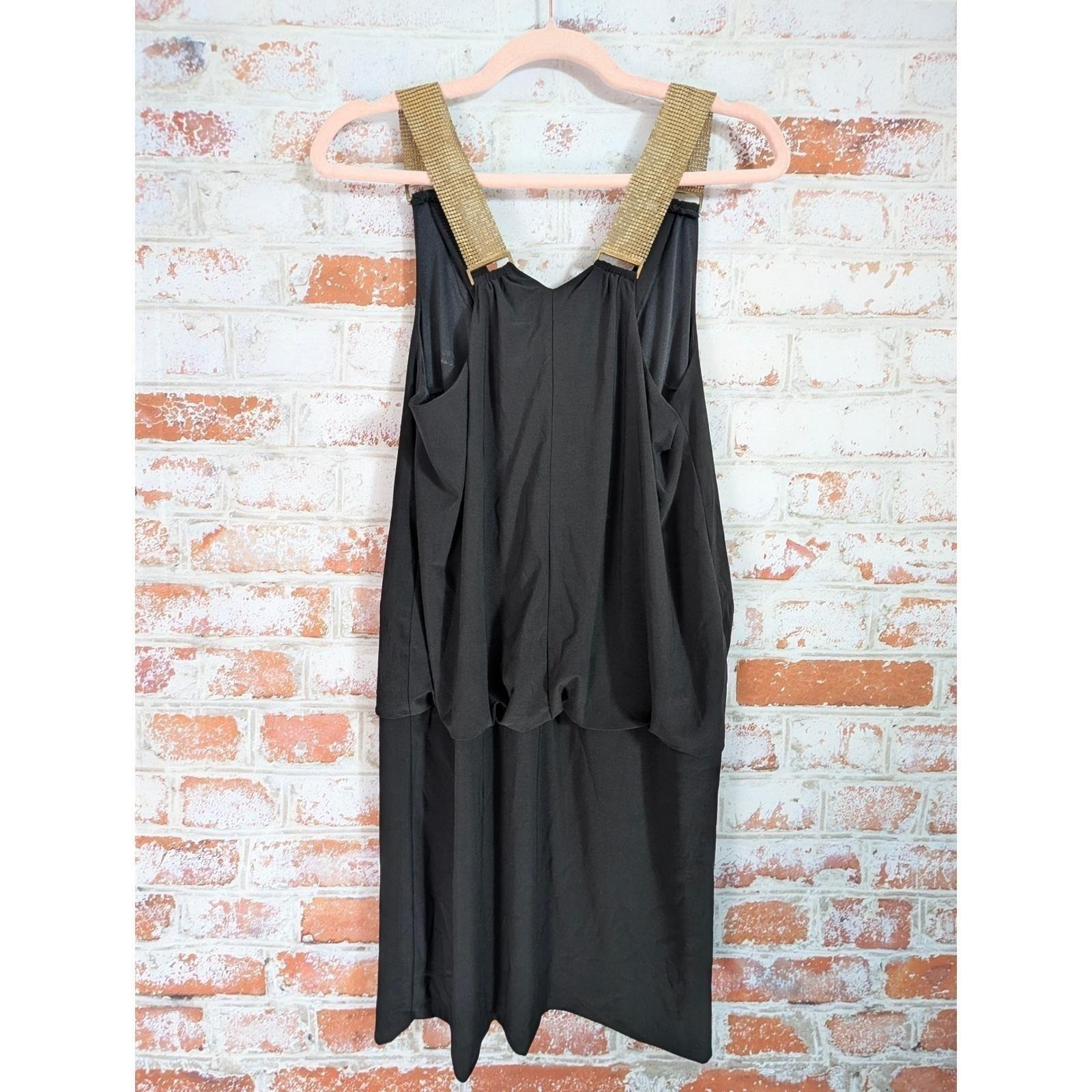 Cache Cocktail Dress Womens 12 Black Gold Chainmail Strap Vtg Made in USA
