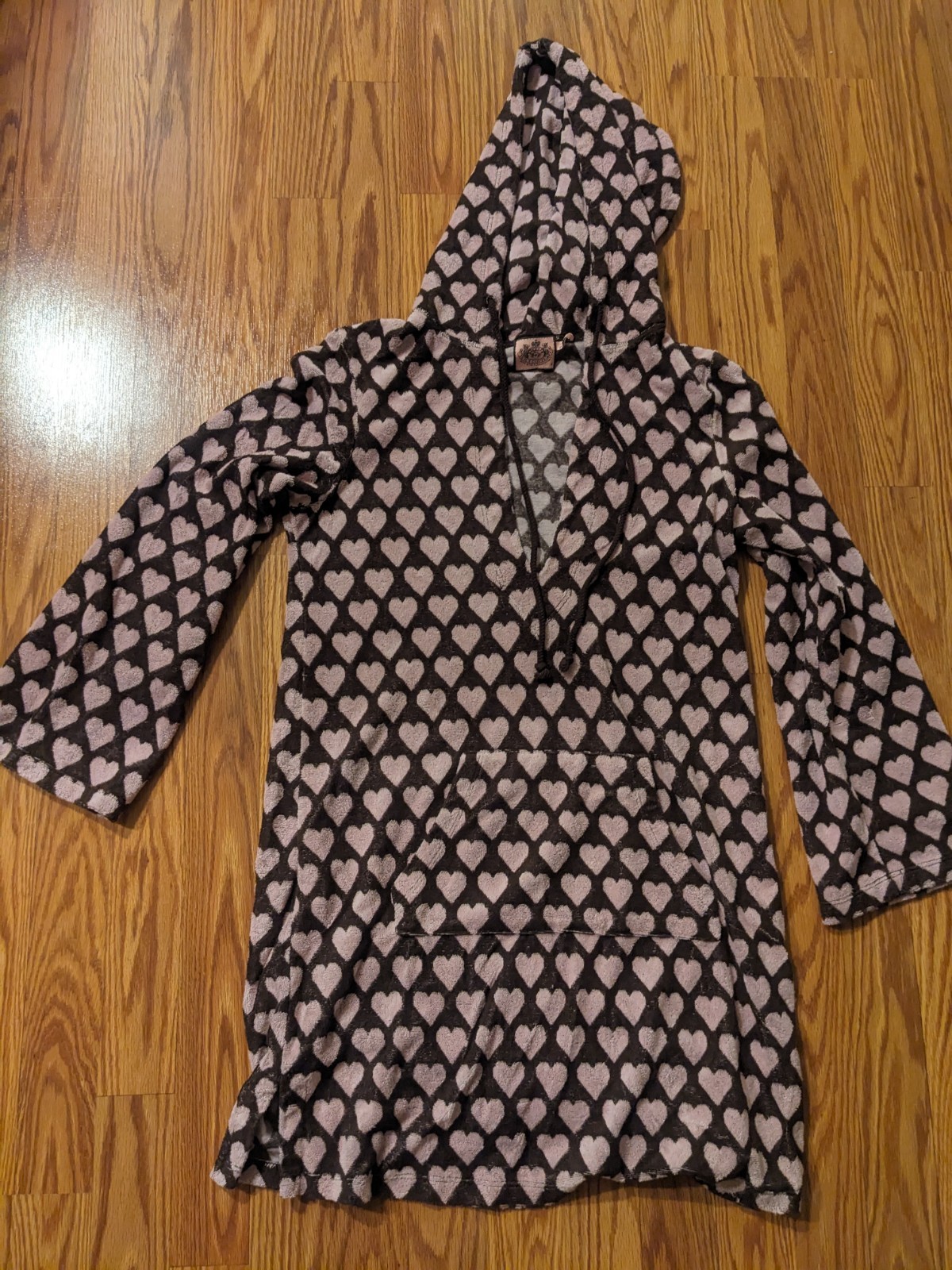 Y2K Vintage Juicy Couture pink brown terry hearts hooded cover up dress M USA