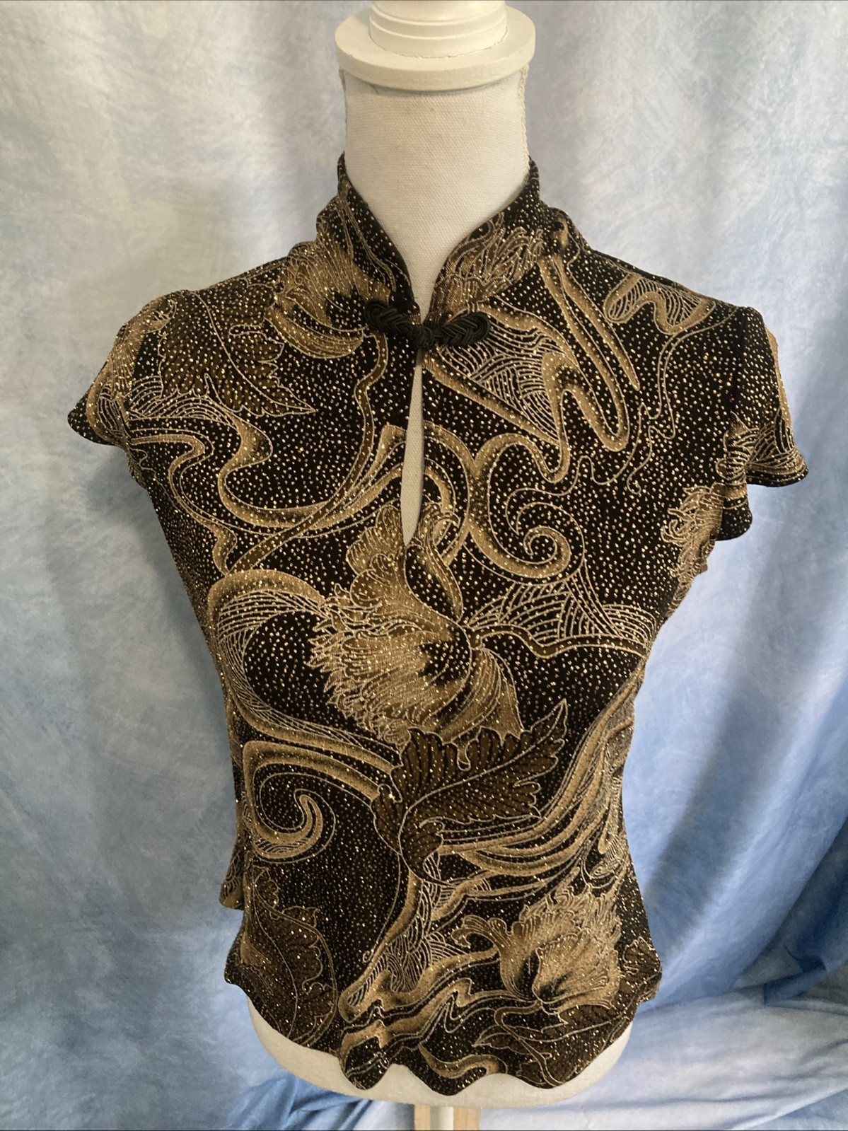 Vtg 90s Gold Black Glitter Keyhole Top Mandarin Collar Slinky Knit Paisley XS
