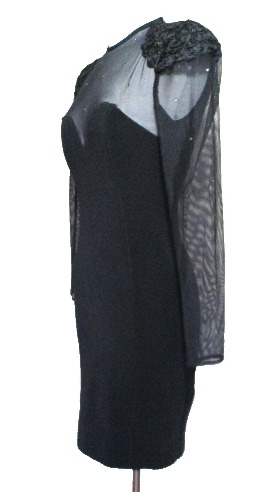 Vtg 80s HW Collection Black Bodycon Dress S Women Crystal Studded Illusion Top