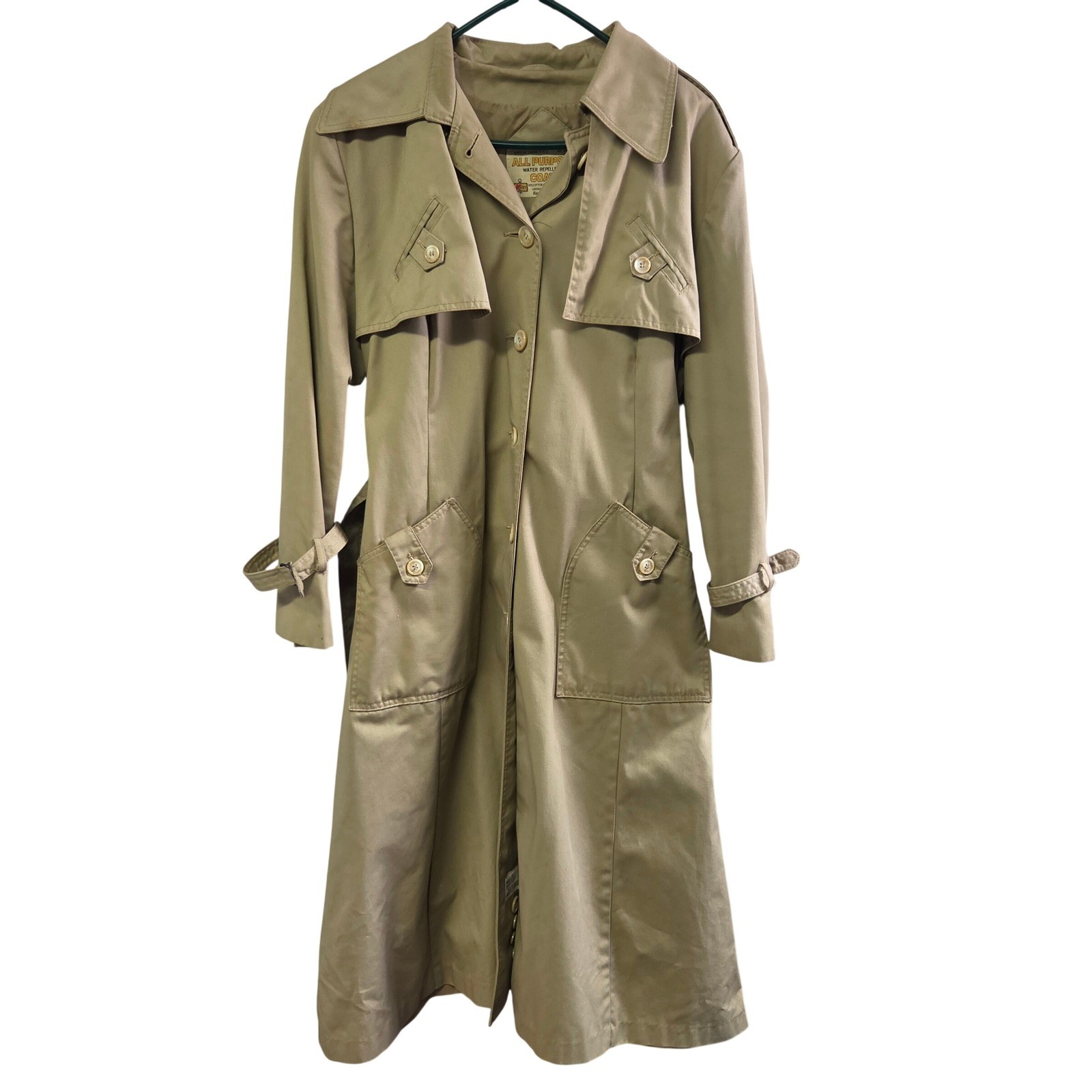 Kmart Water Repellent Trench Coat Vintage Size 16 Tan Belted Long All Purpose