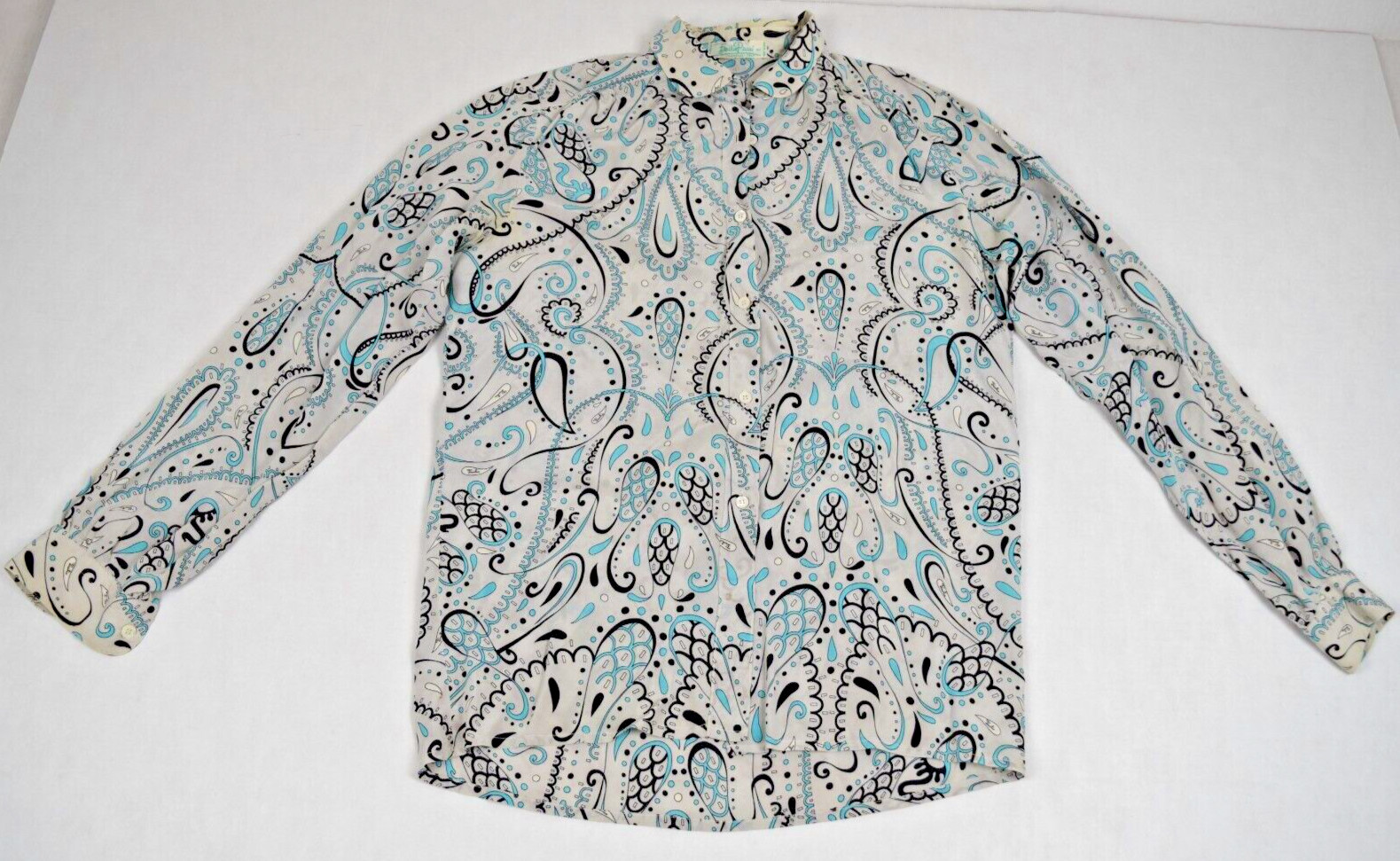 Vintage Emilio Pucci Shirt Size S/M 60s Pale Gray Turquoise Black Paisley Swirls