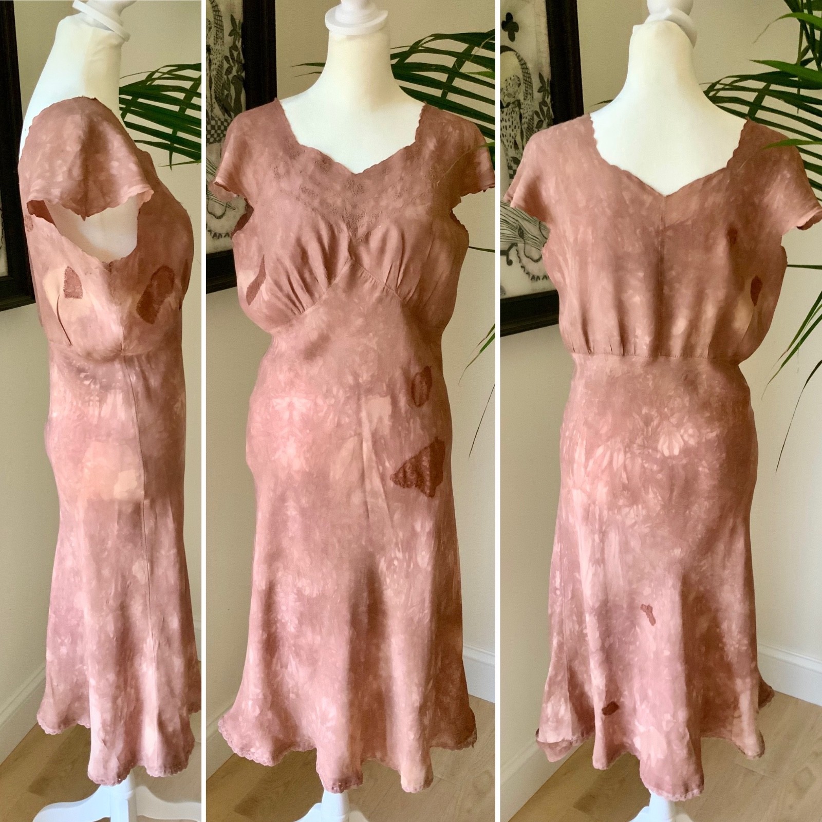 1930s Hand Dyed Silk Dress | Artistically Restored Vintage Lace Appliqué Dress