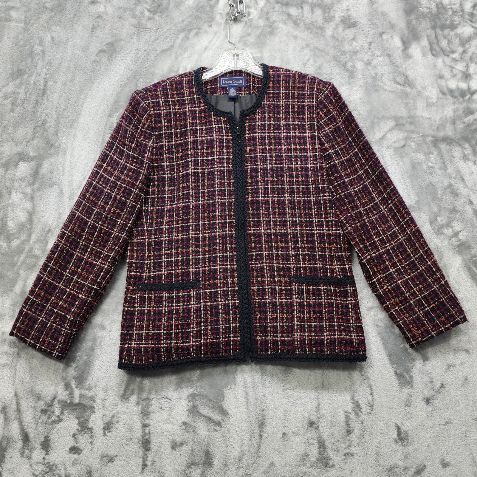Vintage Laura Scott Jacket Womens 12 Multicolor Plaid Tweed Zip Blazer Preppy
