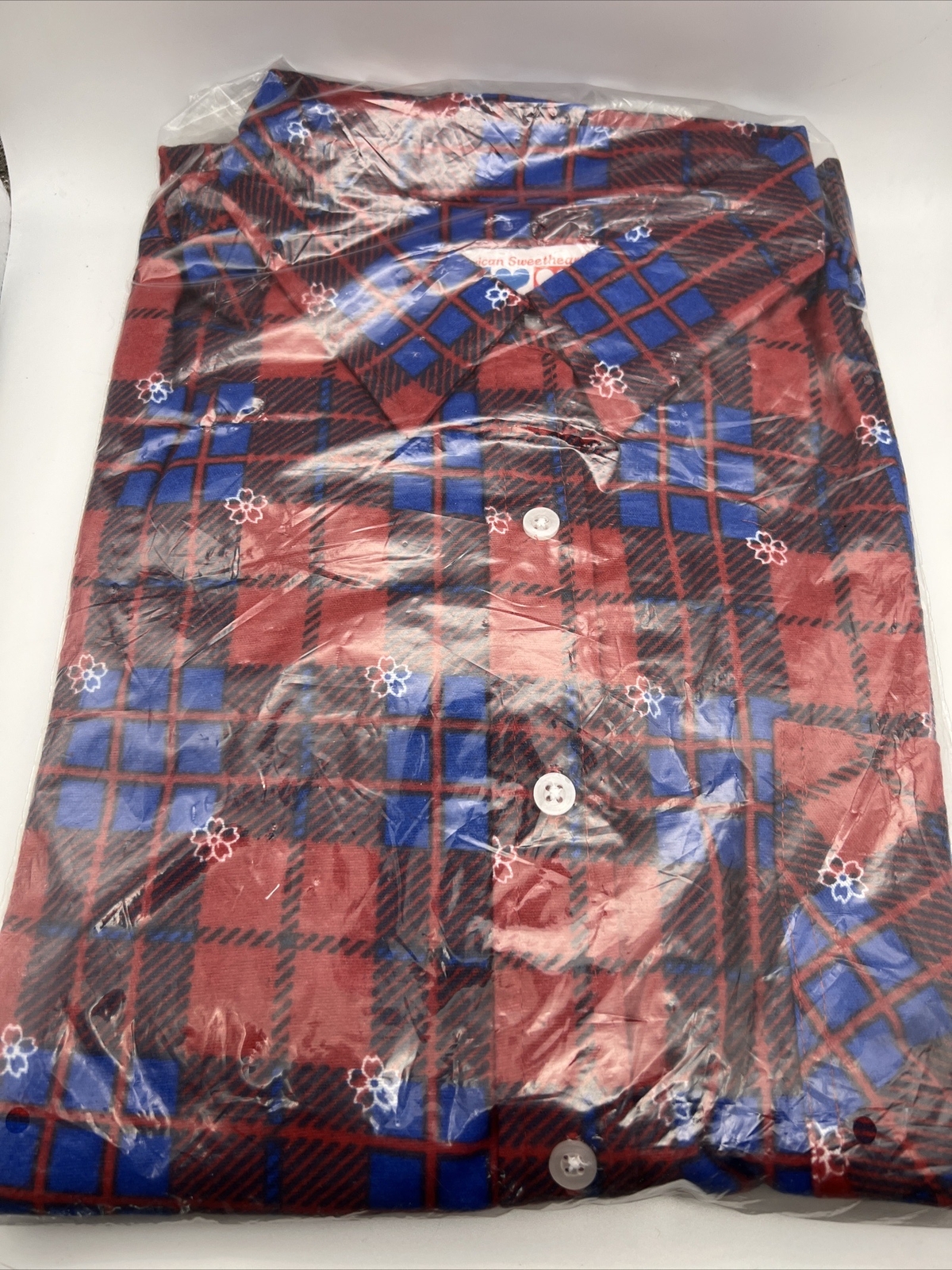 Vintage American Sweetheart Shirt New In Package Red Blue Plaid White Flowers