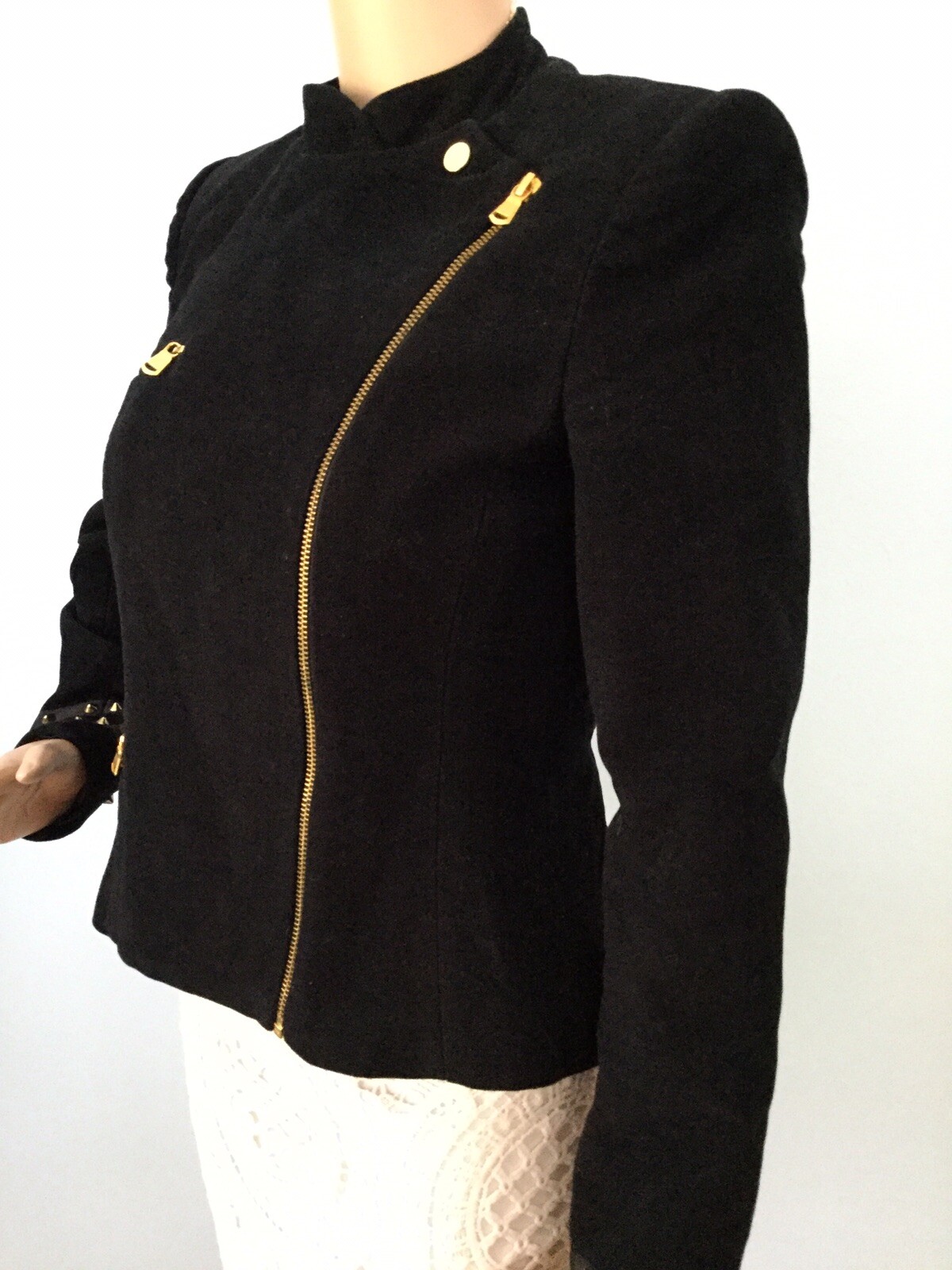 Elegant Gold Stud Zipper Zara Black Trafaluc Moto Jacket Coat Womens M Biker