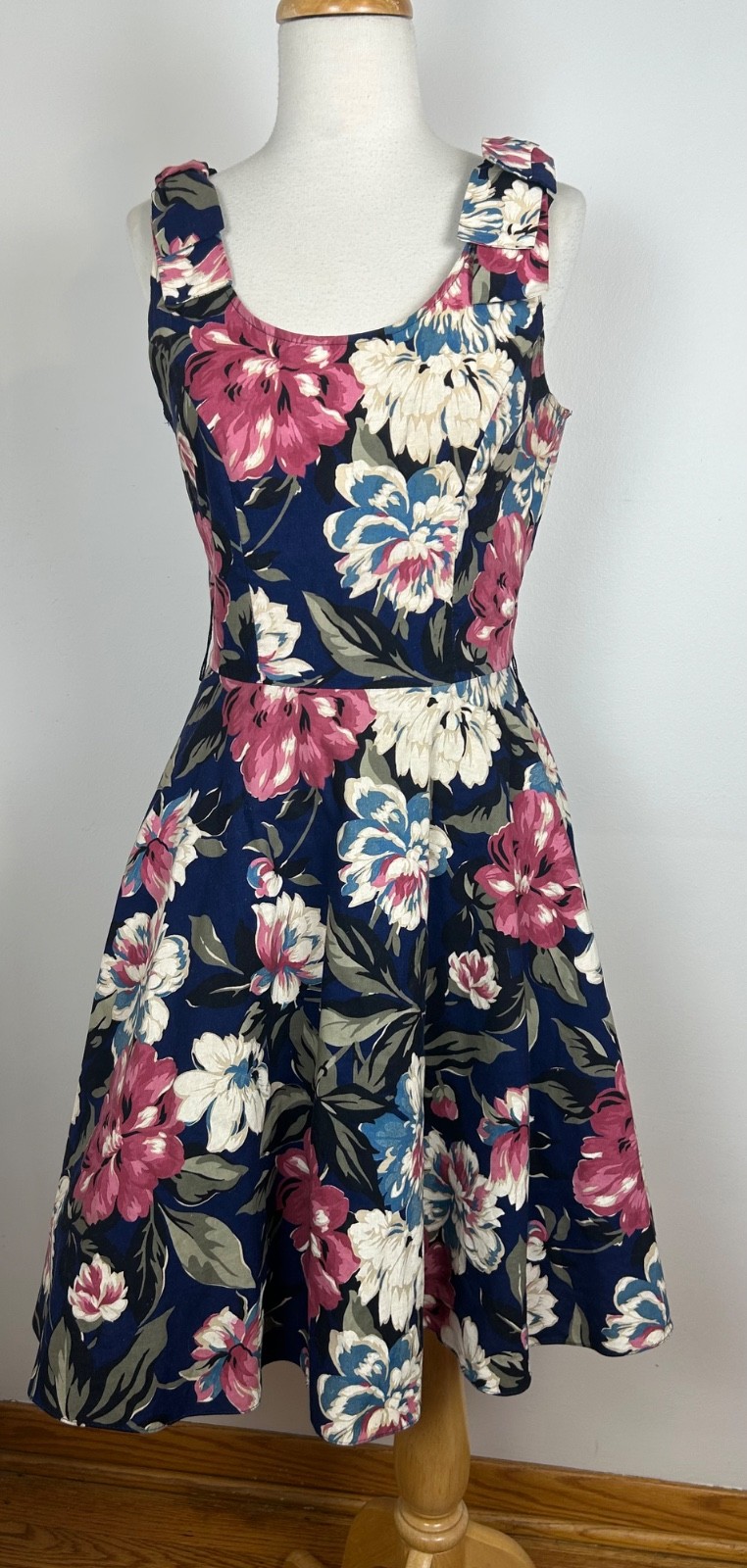 Vintage 80s Full Circle Cottage Floral Pink Cotton Tea Party Midi Dress Size M