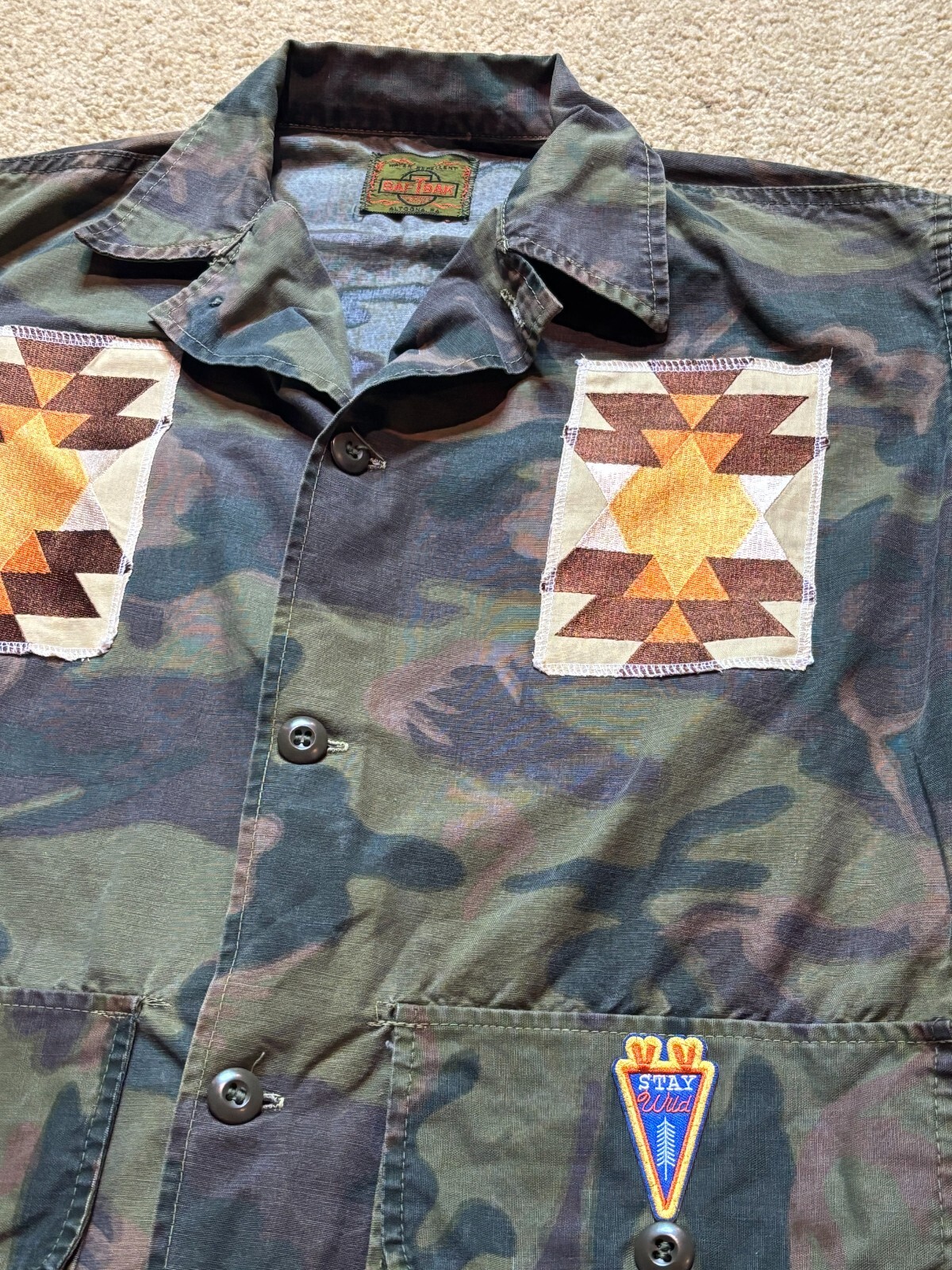 Craftcore Upcycle Salvage Vintage 70s Saf-T-Bak Camouflage Jacket Patches M/L