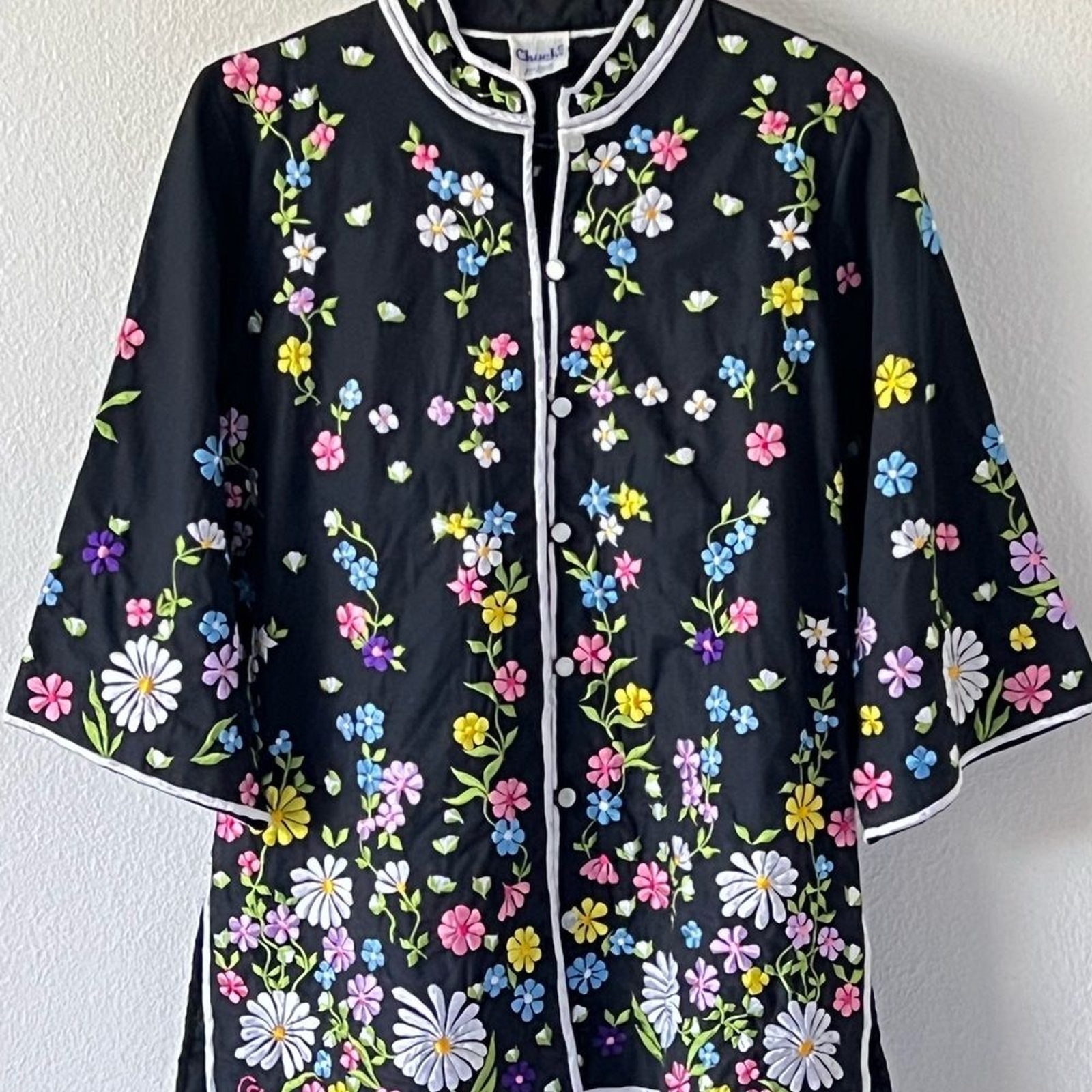 Chuchi San Diego Vintage Floral Garden Embroidered Black Jacket Size Small