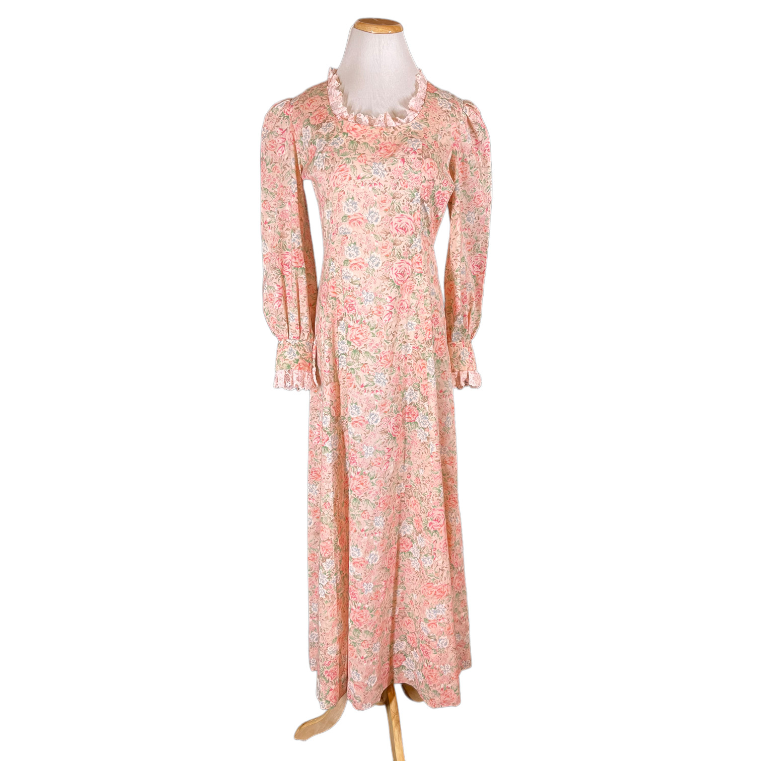 Vintage 70s or 80s Pink Dress High Waist Fitted Cuffs Puffed Sleeves Fits S