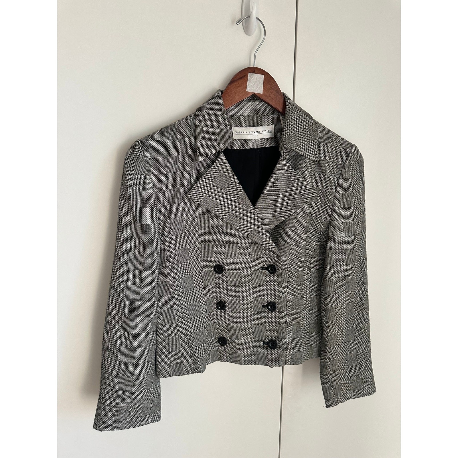 Vtg Cropped Blazers Black/White Herringbone Check Size 2P Double Breasted
