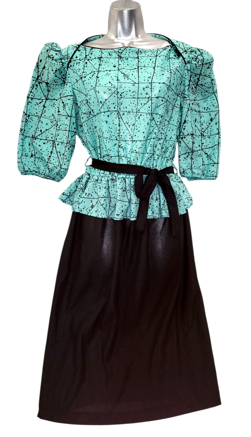 Vtg 80s KR of NY Awesome MINT GREEN BLACK GEO Print Top Black Skirt BOW Dress 16