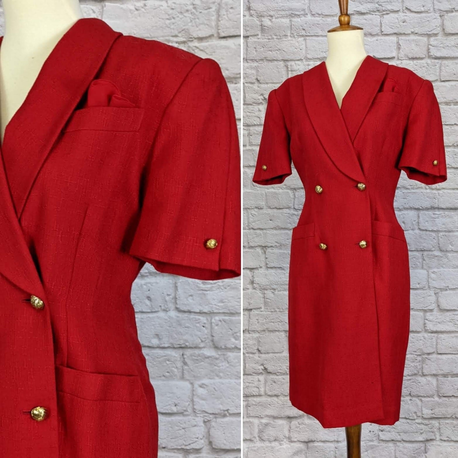 Vintage 80’s Sheath Dress – Red Double Breasted Button Front Size 6 Petite