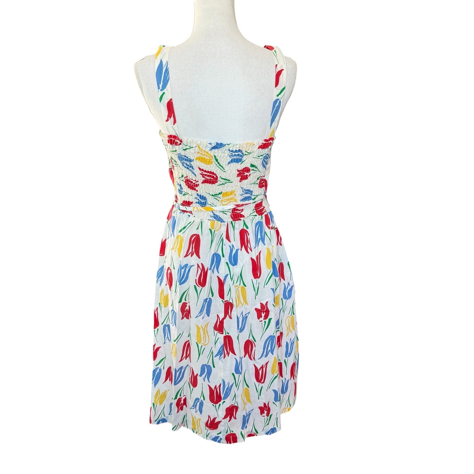 Vintage Dash-About Tulip Floral Sundress White Red Blue Yellow Midi Smocked Back