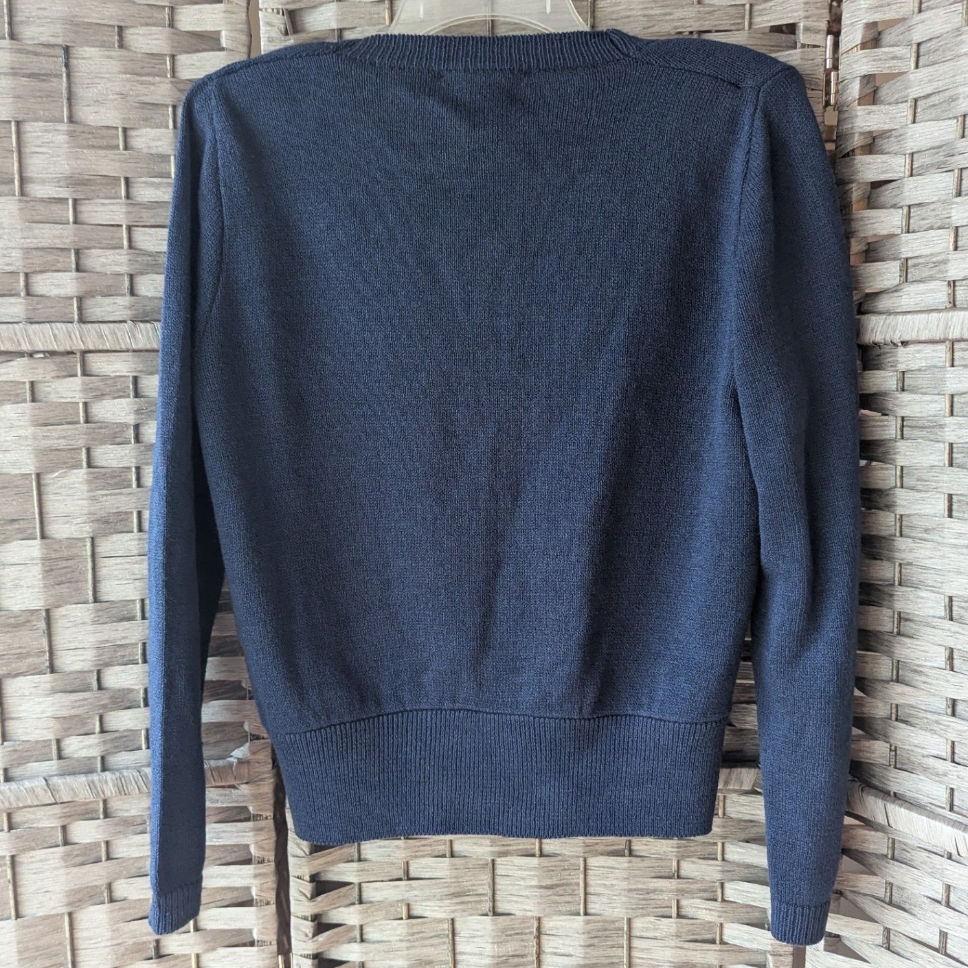 Vtg 80s Navy Blue Cropped Cardigan Gold Buttons Preppy Nautical Sweater USA 8