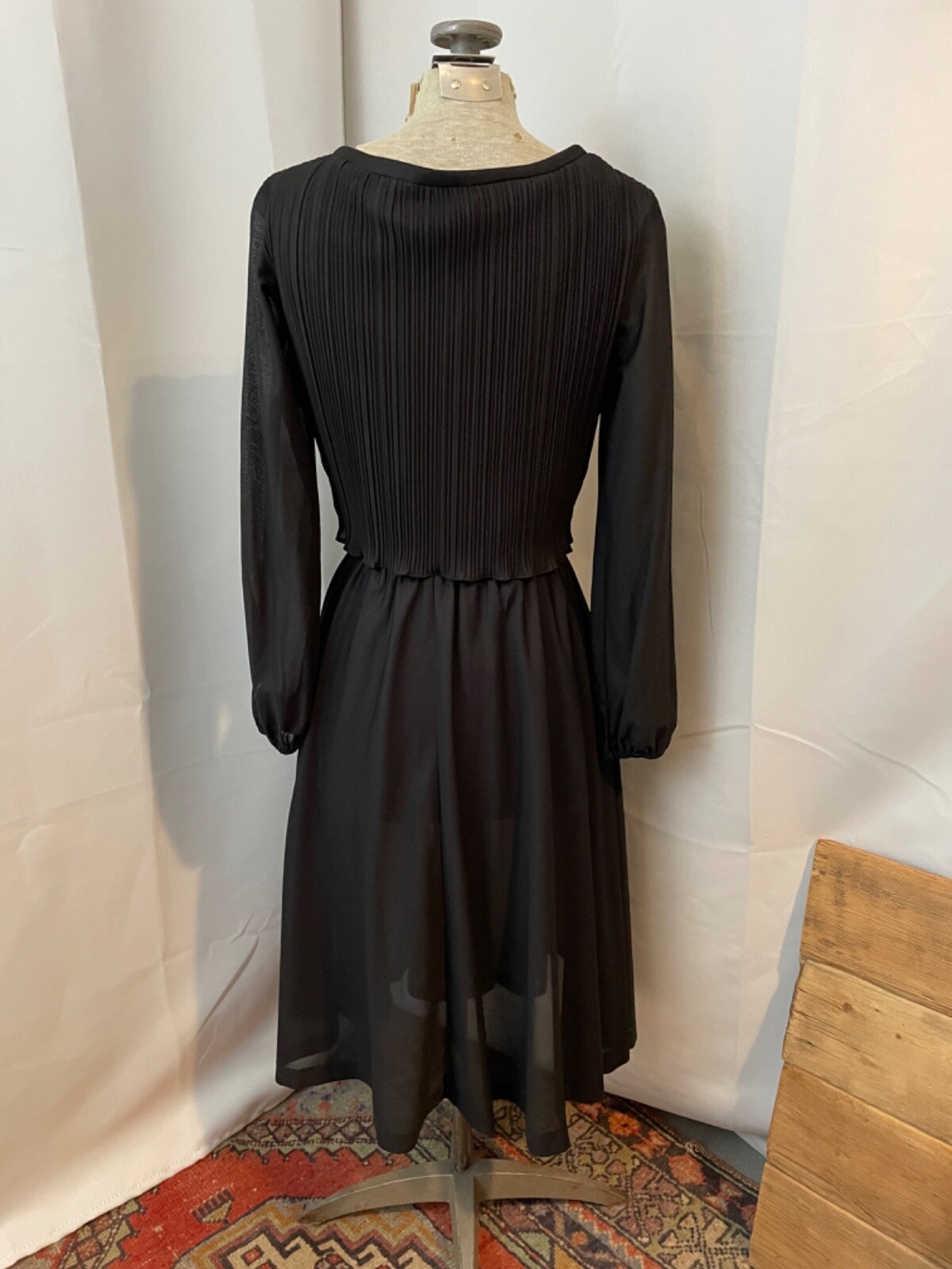 1970s Vintage Sheer Black Dress Pleated Lettuce Ruffle Hem Puff Sleeves M