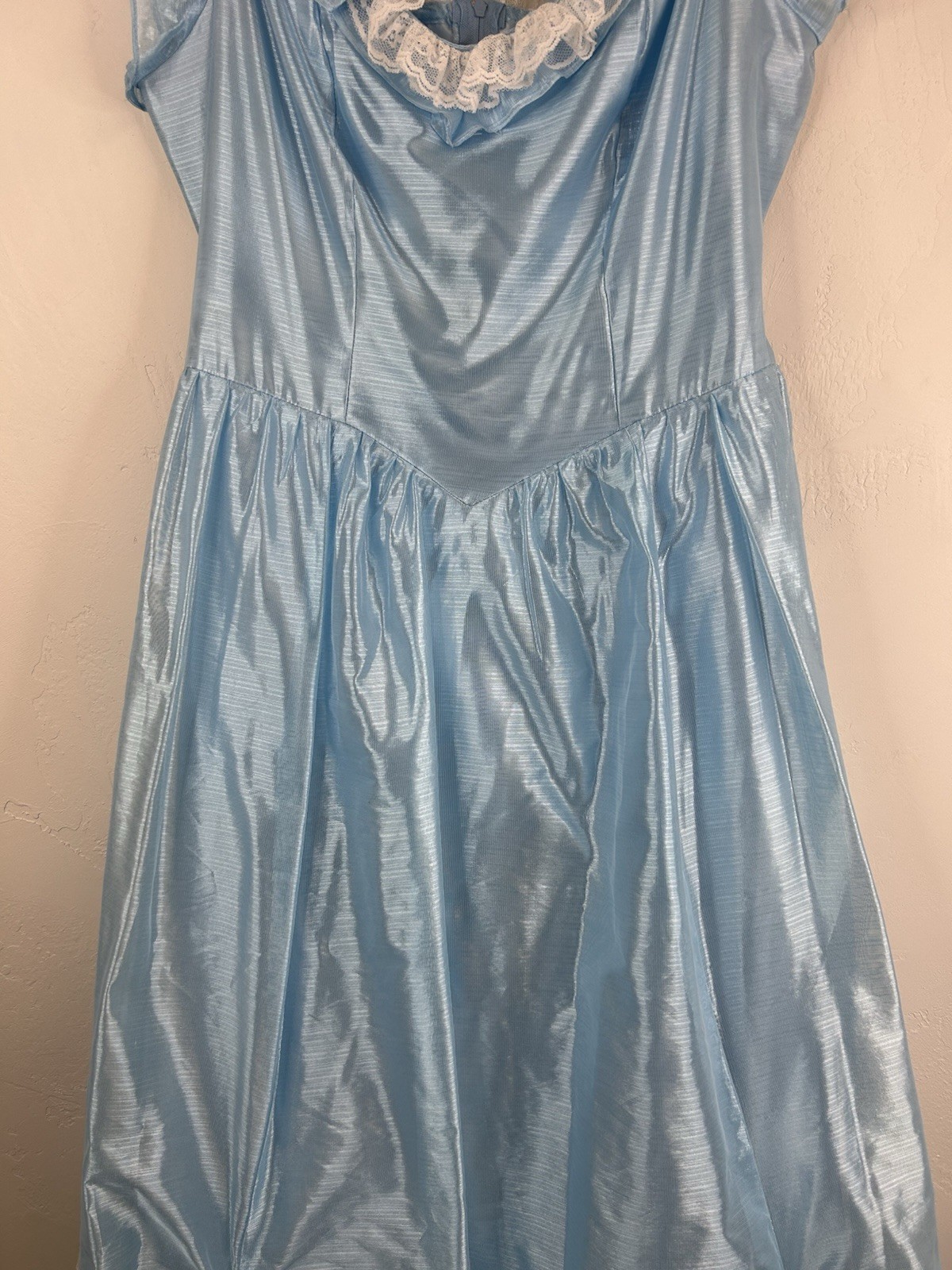 Vintage 70s Formal Blue Satin Gown Lace Trim Bows Princess Theatrical Costume