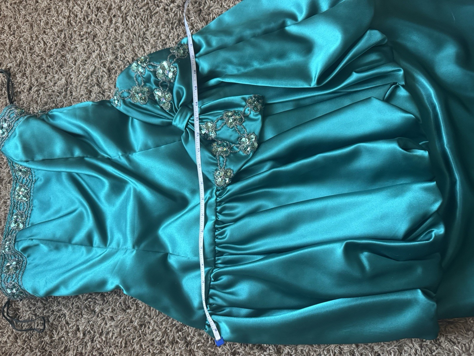 Vtg 80’s Mike Benet Teal Sequined Bow Party Prom Dress Sz 14 Halloween Holiday