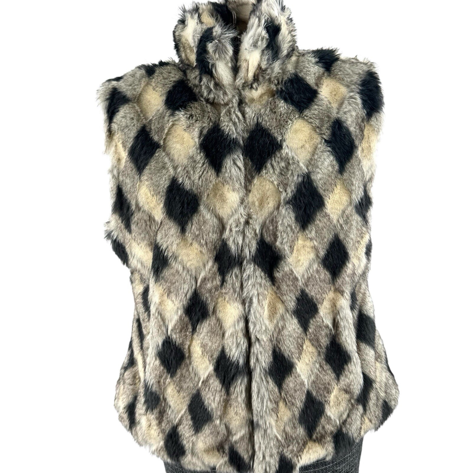 Pamela McCoy Vest Faux Fur Checkered Beige Black Gray Boho Pockets Woman’s M