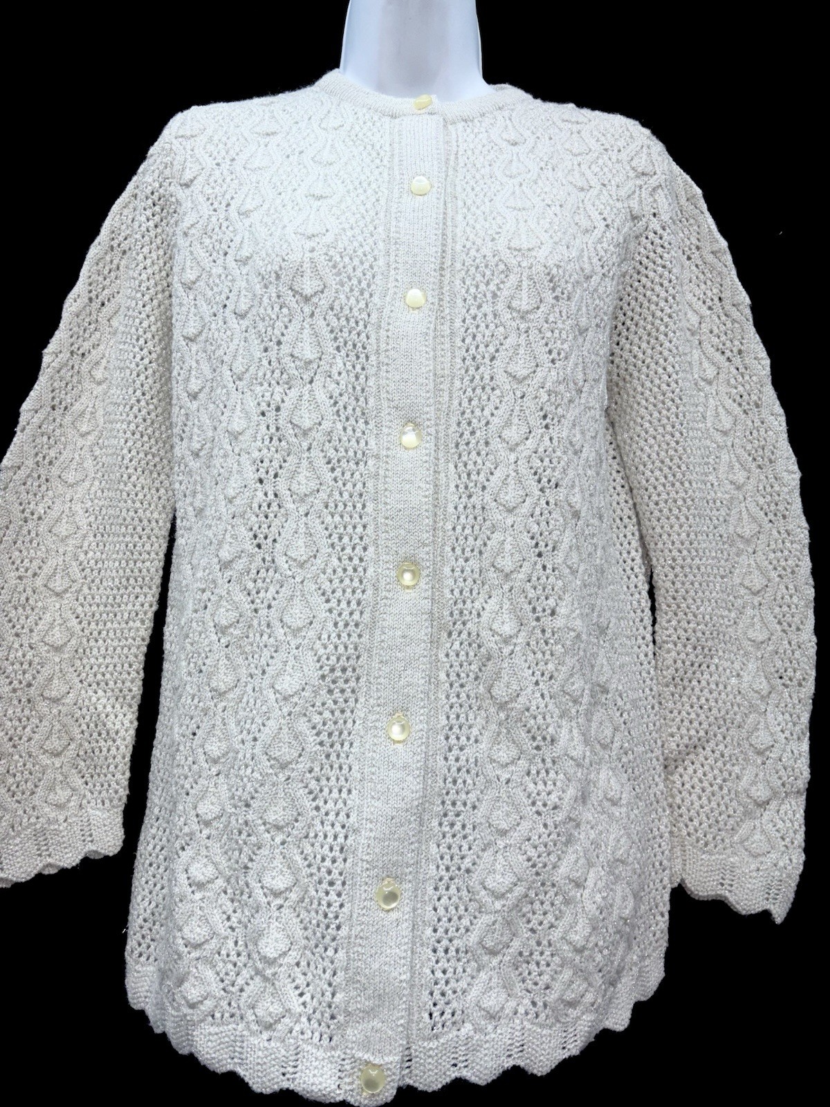 VTG 60s Women Size M Button Up Cardigan Sweater Scalloped Hem Silver Threading