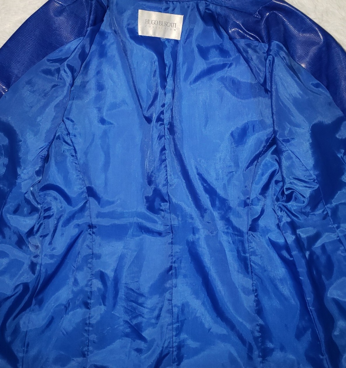 Vintage 90s Hugo Buscati Collection Blue Shiny Blazer Womens Jacket Polyurethane