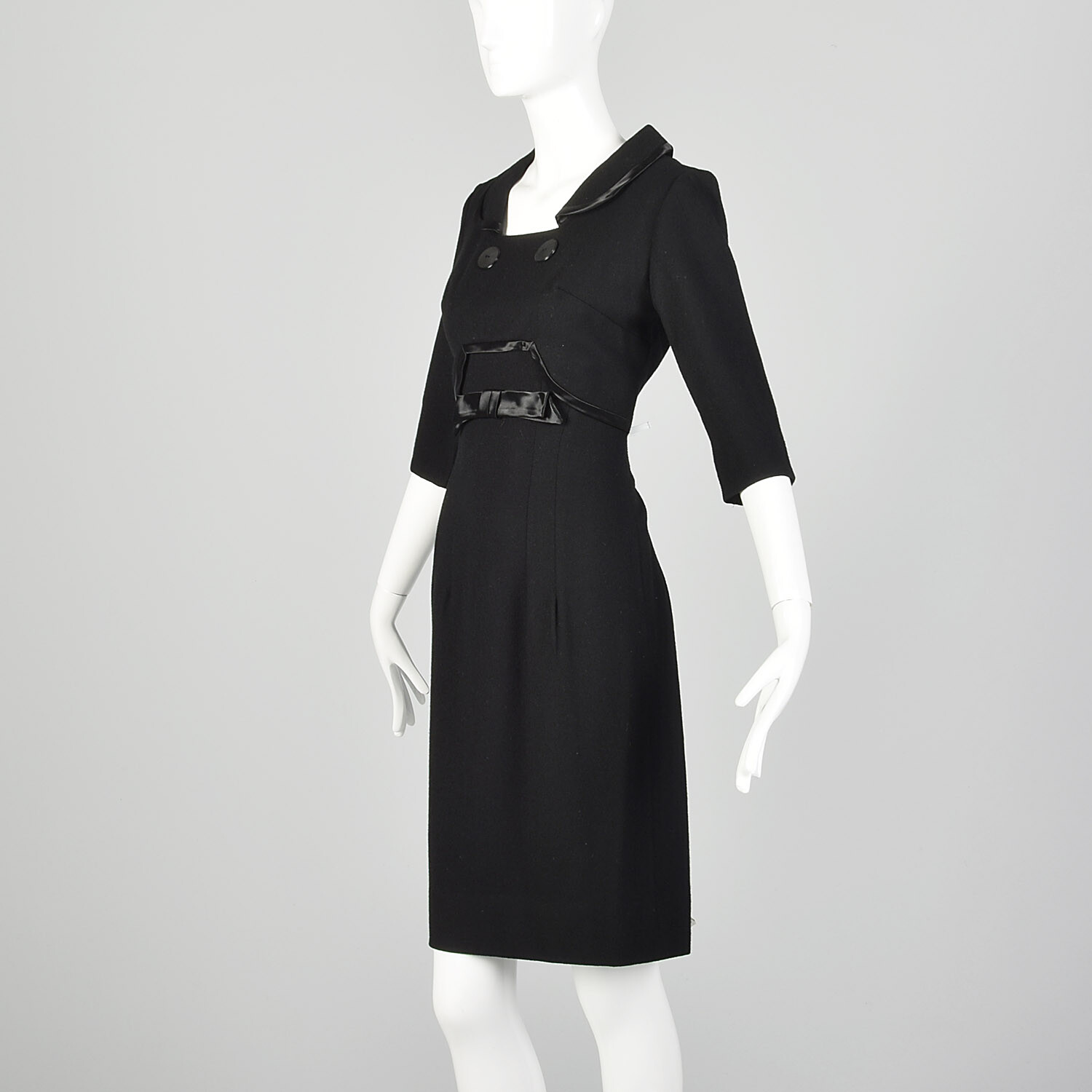 S 1950s Black Dress Wool Pencil Sheath Classic LBD Pinup Rockabilly Bow 50s VTG