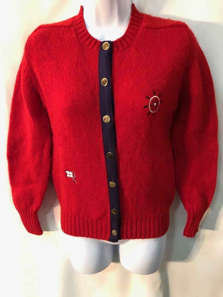Rare VTG Red Shetland wool cardigan Deans of Scotland Triminghams Bermuda 36 FAB