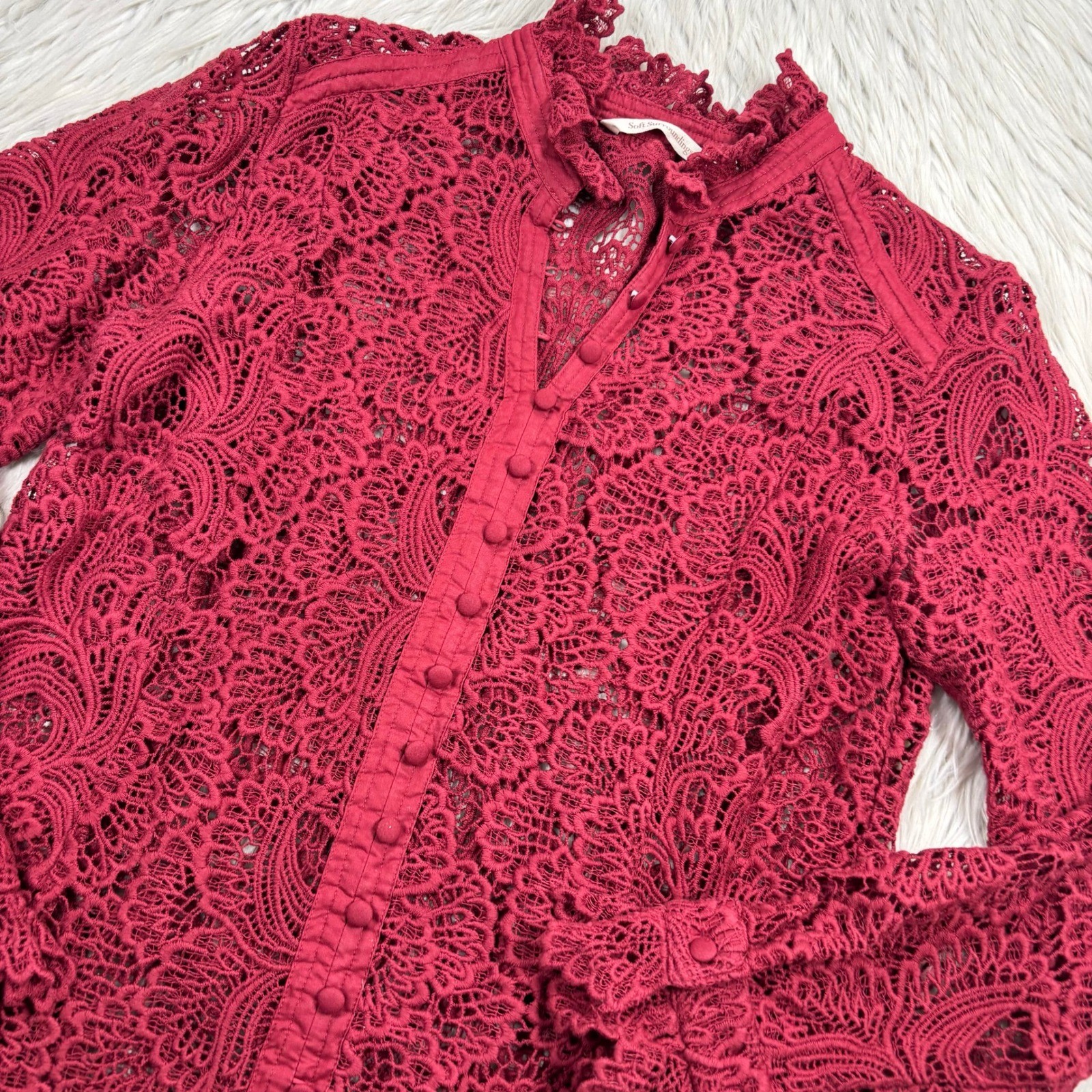 Soft Surroundings Women’s XS Red Lace Button Front Blouse Top Romantic Victorian