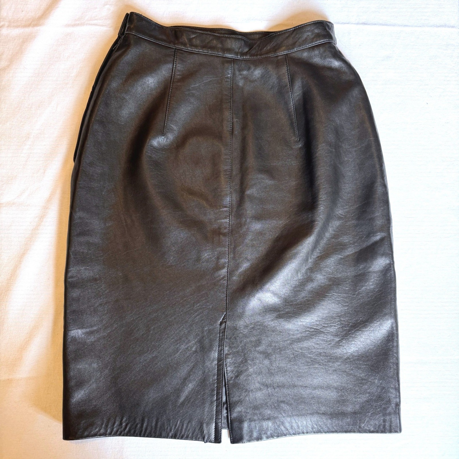 Vintage Maxima Design Studio Black Leather Pencil Skirt USA High Waist Lined