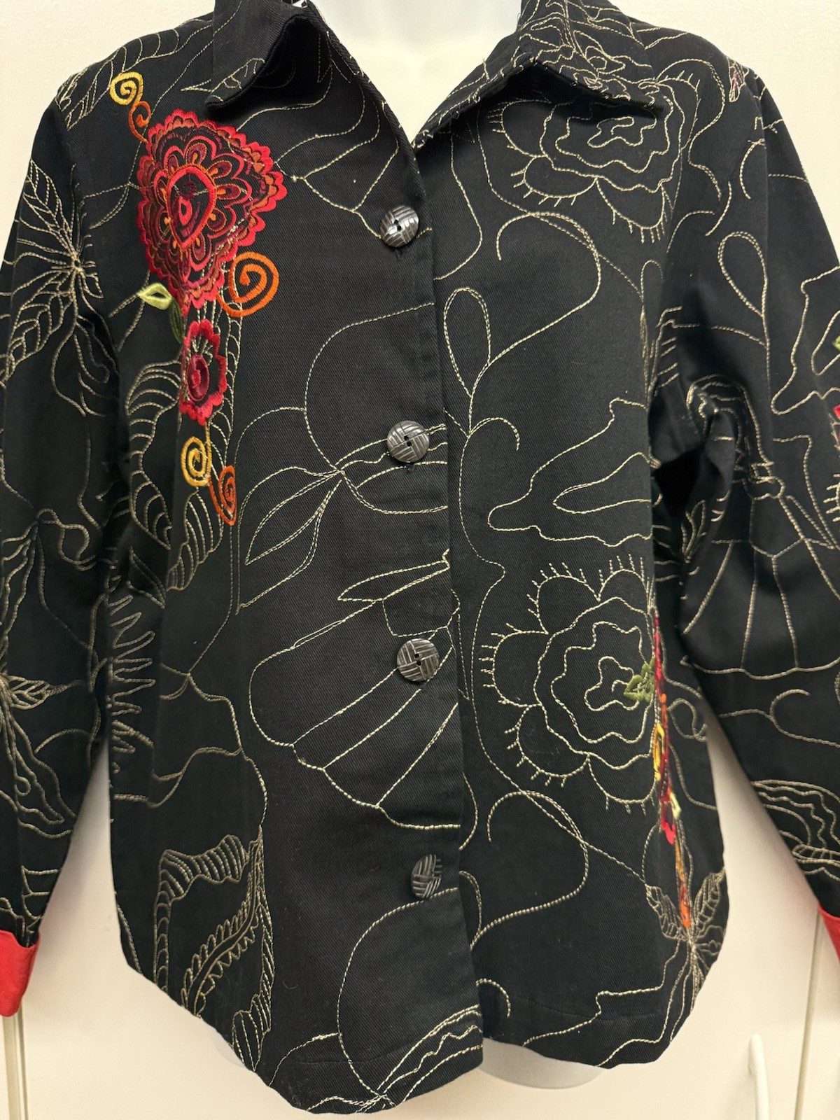 Vtg Classic Elements Jacket Embroidered Black Floral Women’s Size L