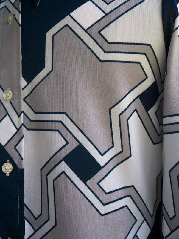 VTG 70s Disco Poly Dress Shirt Mod Hippie Geometric Graphic Gray Blue S M