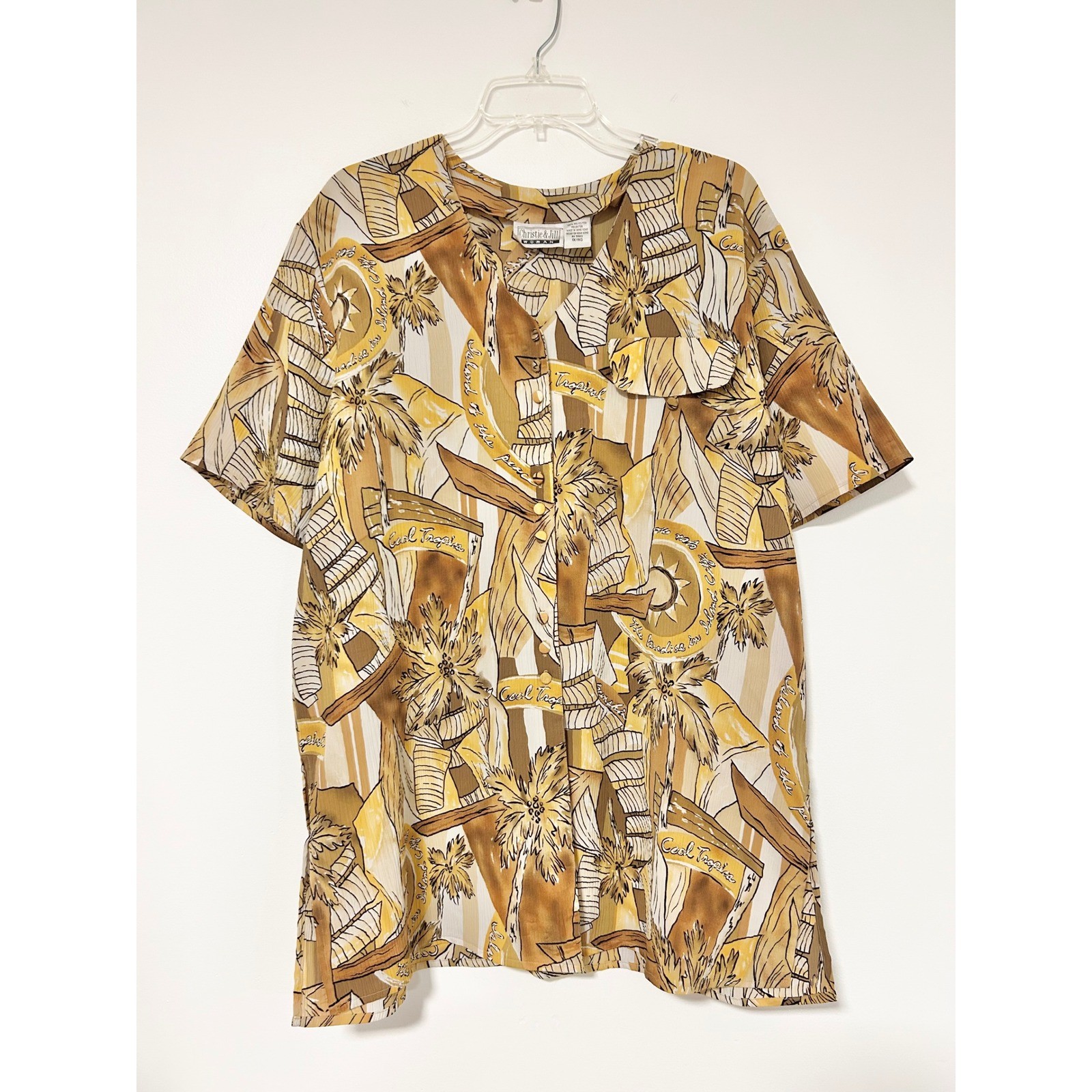 Christie & Jill Woman Vintage Tropical Button Down Blouse Mustard Brown 1X